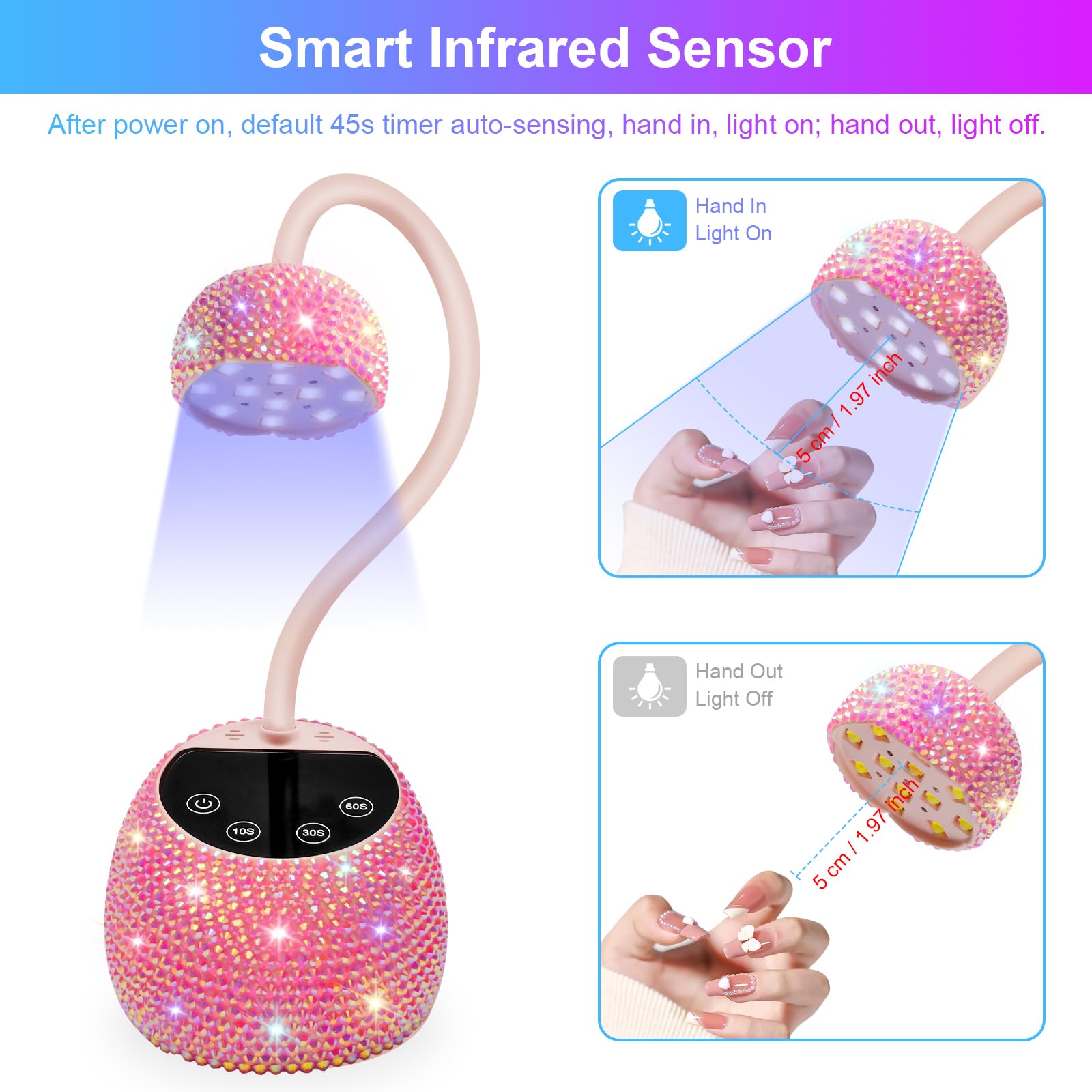Lampada UV per unghie, portatile, ricaricabile, con batteria da 2000 mAh, design a collo d'oca, 2 timer per unghie in gel, ideale per salone o fai da te