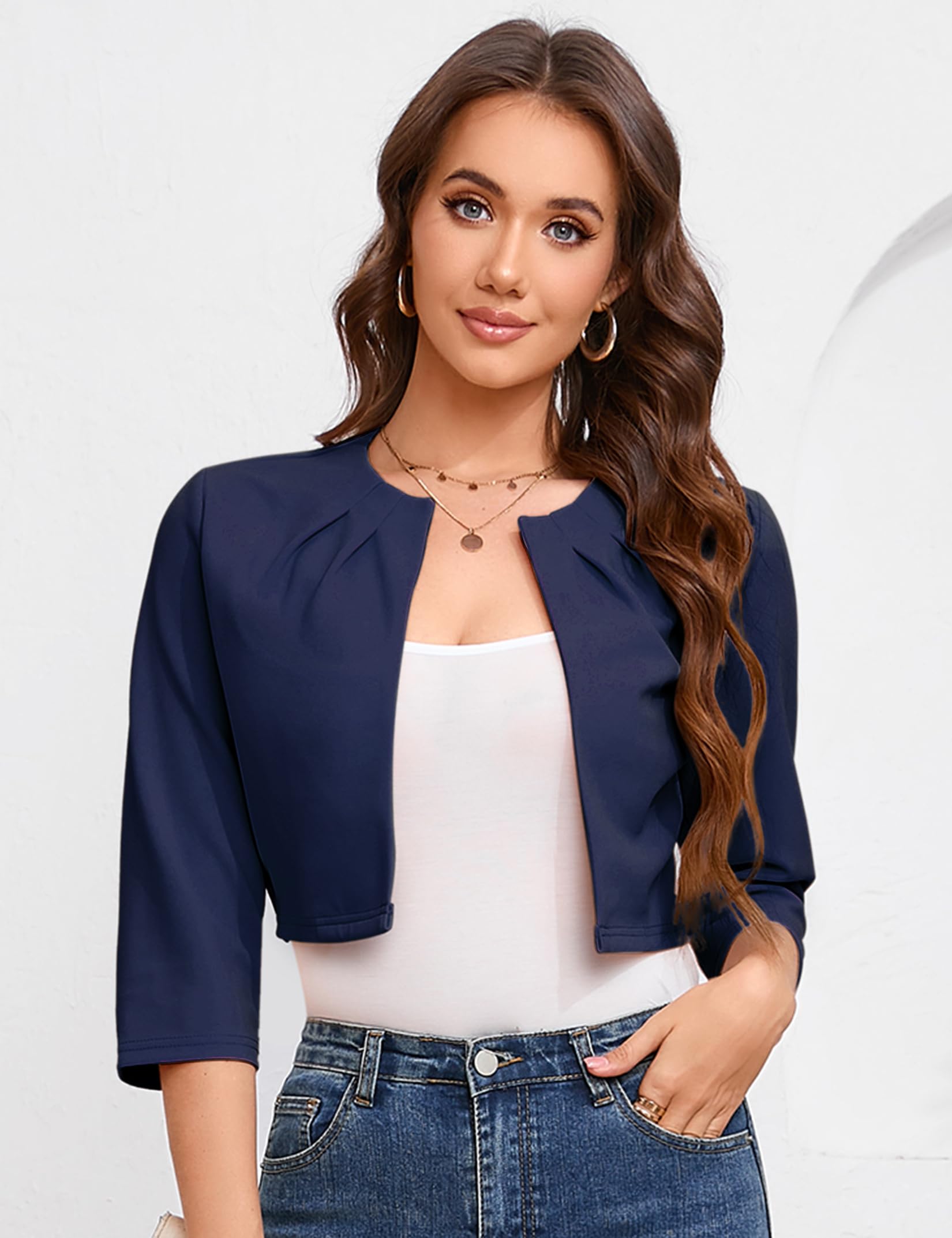 YesFashion Damen Bolero Kurz Blazer Elegant Strickjacke 3/4 Ärmel Festlich Blazer Schulterjacke