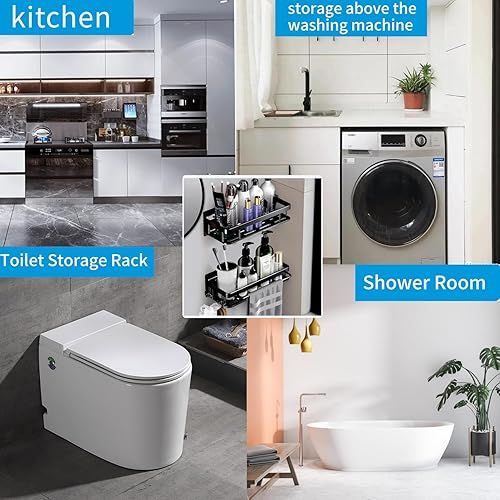 Miniatura 4 de LYGJMYOK Organizador de ducha de baño negro, estante de ducha adhesivo para interior con toallero, soporte para champú de ducha, soporte de pared,