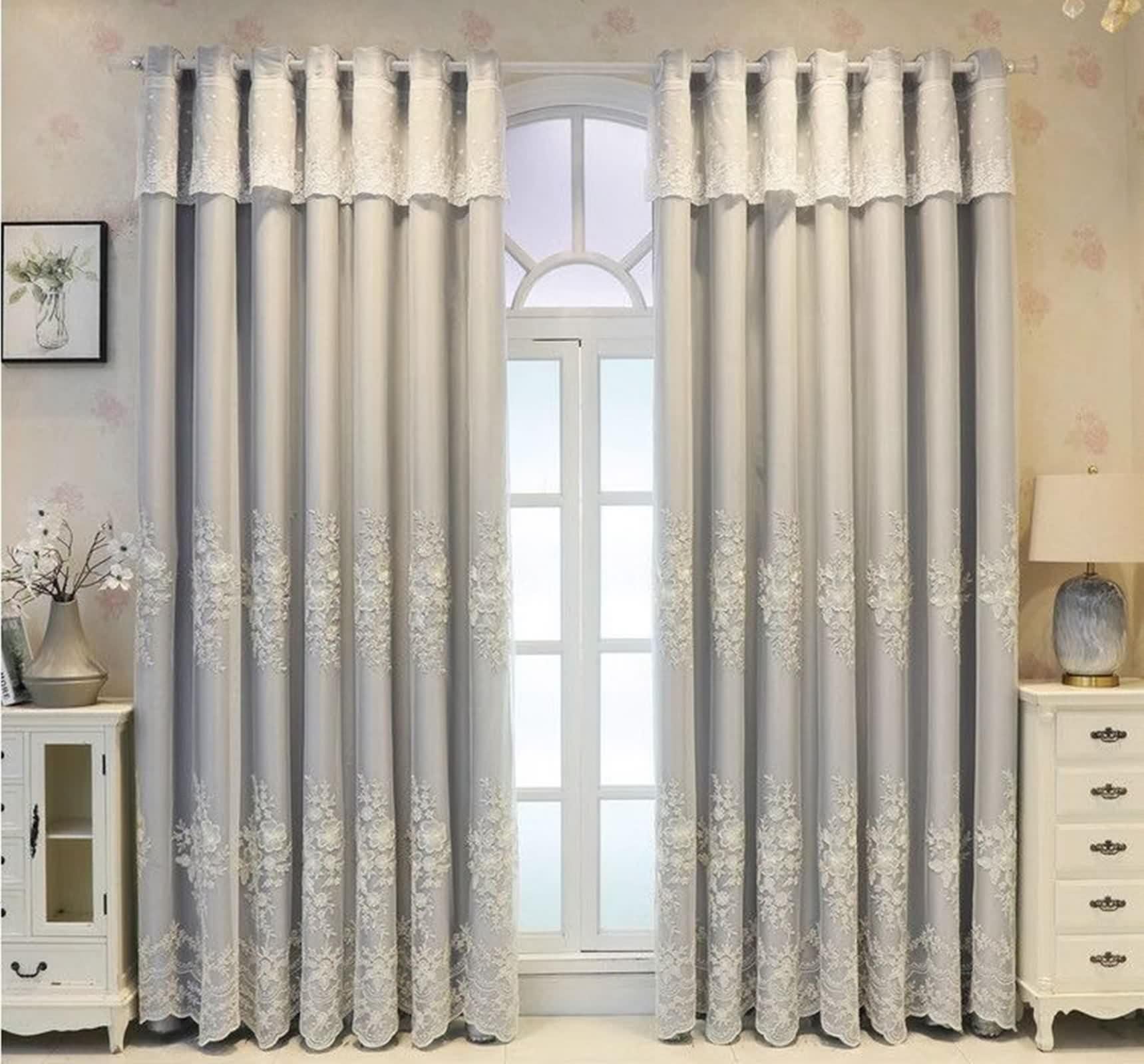 Rideau Chambre Gris, Occultant Rideau Salon Moderne Polyester Coton Broderie en Dentelle Double Couche Lot de 2 LxH 102x244cm