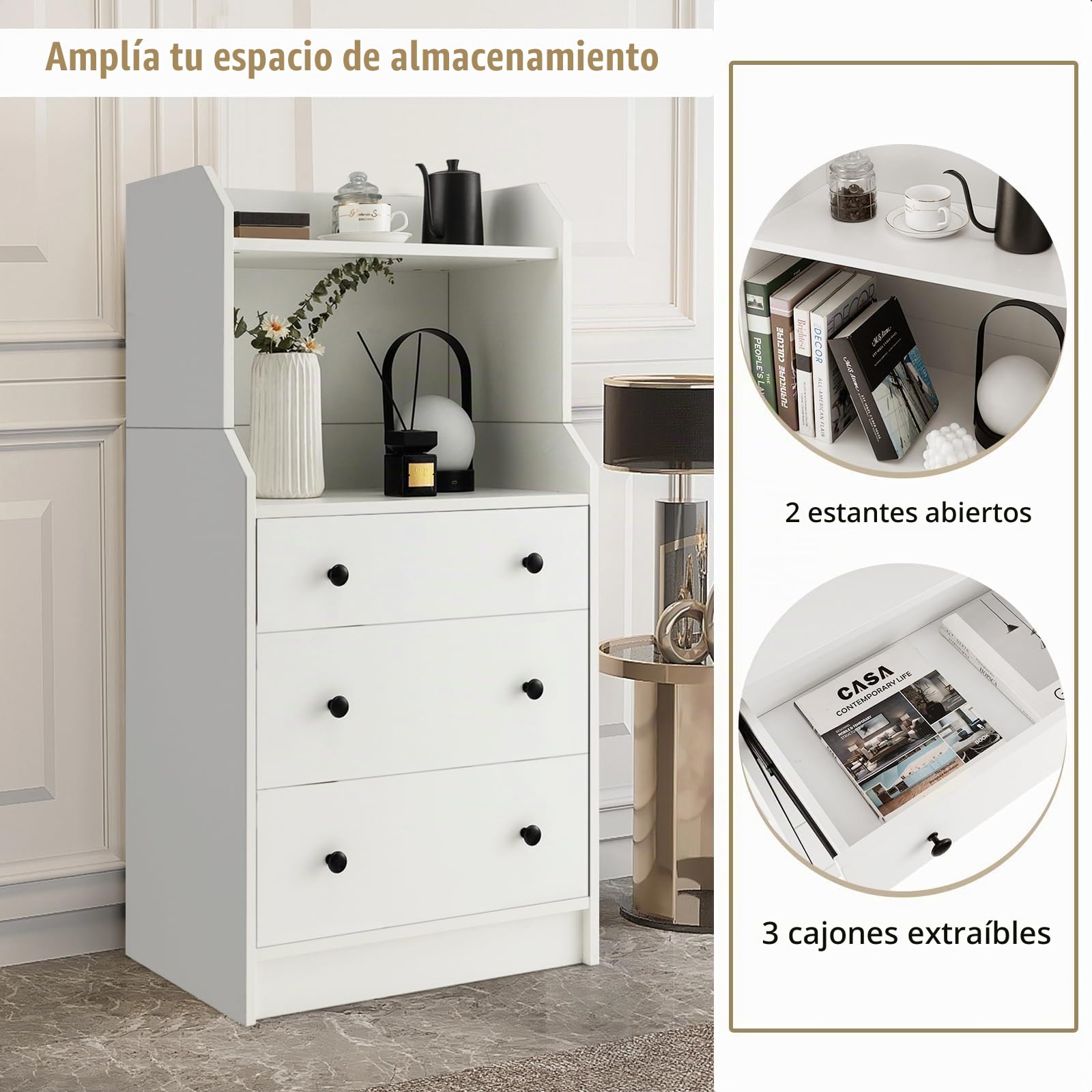 KOMFOTTEU Cómoda con 3 Cajones para Dormitorio con Dispositivo Antivuelco | Cajonera con Estantes Abiertos para Salón, Estudio, Mueble de Almacenamiento, Armario Auxiliar, 58 x 36 x 111 cm, Blanco