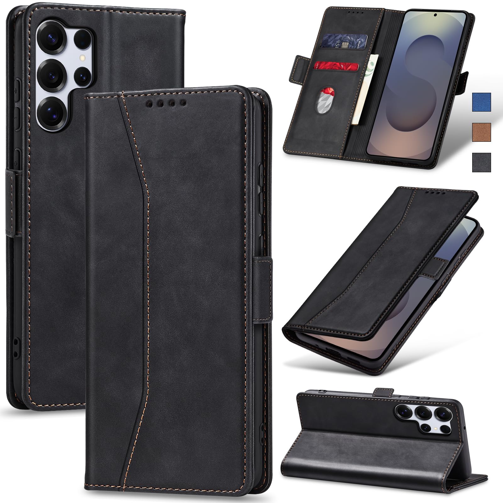 Jasonyu Handyhülle für Samsung Galaxy S25 Ultra Hülle Leder Flip Klappbare Stoßfeste Magnetische Premium PU Leder Standfunktion Kartenfächern Schutzhülle Klapphülle für Samsung S25 Ultra,Schwarz