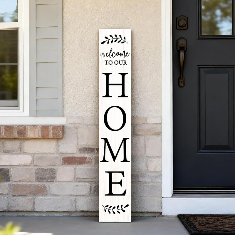 Welcome Sign for Front Porch, 47" Large Wooden Welcome to Our Home Sign Door Hanging Standing Plaque, Farmhouse Vertical Outdoor Porch Decorations for Yard Patio Entrance (White)