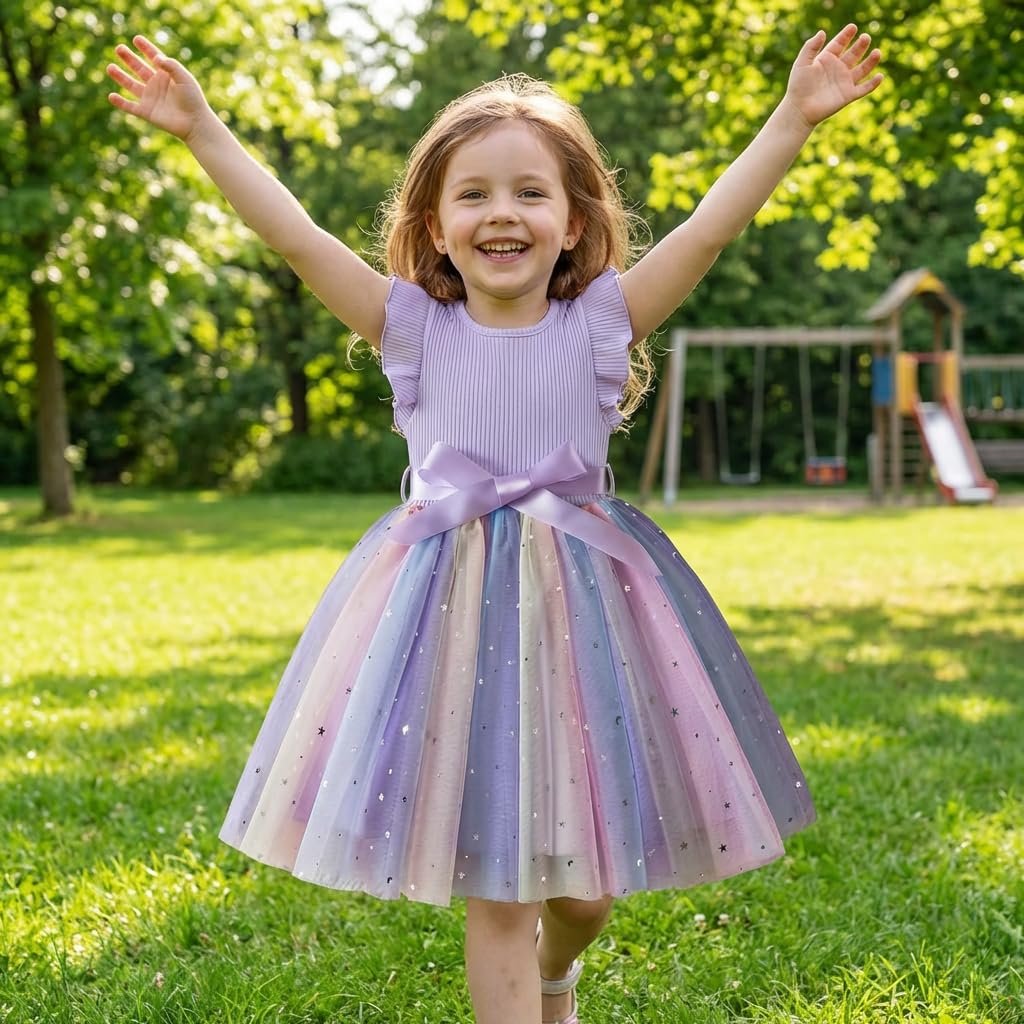 JiAmy Robes en Tulle côtelé pour Filles - Robe de Printemps à Paillettes - Manches Volantes - Arc-en-Ciel - pour Enfants de 1 à 6 Ans