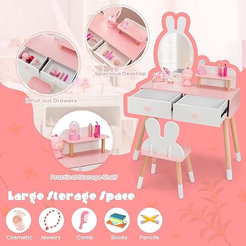 Miniatura 23 de HONEY JOY Juego de mesa y silla de maquillaje de madera con temática de conejo para niños pequeños con 2 cajones grandes, patas de madera de haya,