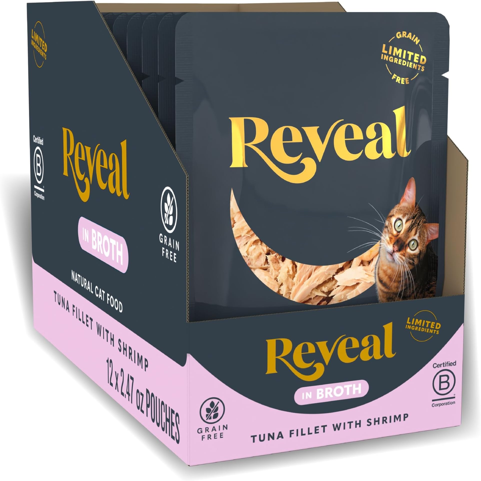 Reveal Natural Wet Cat Food, 12 Count, Grain Free, Limited Ingredient Cat Food Pouches, Tuna with Shrimp in Broth, 2.47 oz Pouches