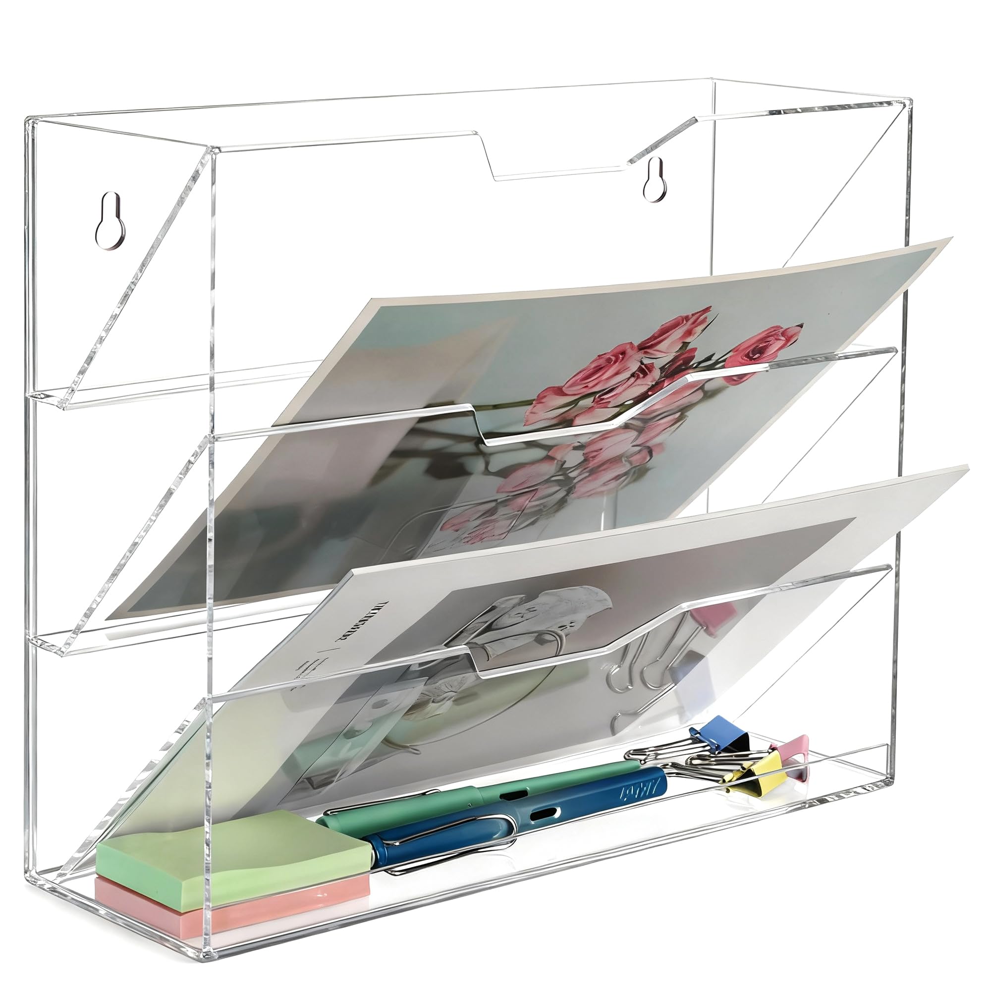 Koemehr Transparent 4 Tier Hanging Wall File Holder - Acrylic A4 Wall Mounted Document Holder Vertical Magazine File Mail Organiser Storage Rack Desk Tidy Supplies In Tray For Office Home,