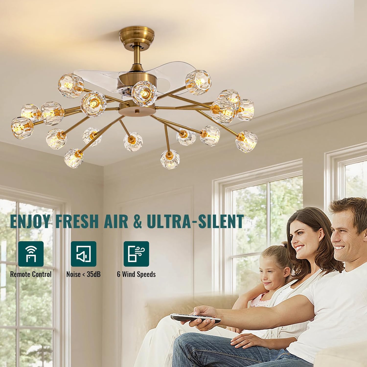 Siljoy 18 Lights Modern Crystal Ceiling Fan Light and Remote Control, Farmhouse Brass Gold Sputnik Crystal Fandelier, Reversible Ceiling Fan Light Kit for Living Dining Room Bedroom 42 Inches