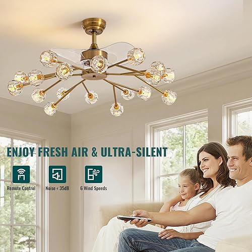Miniatura 3 de Siljoy Ventilador de techo moderno de cristal dorado de 42 pulgadas con luz y control remoto, 18 luces retráctiles, lámpara Sputnik con aspas