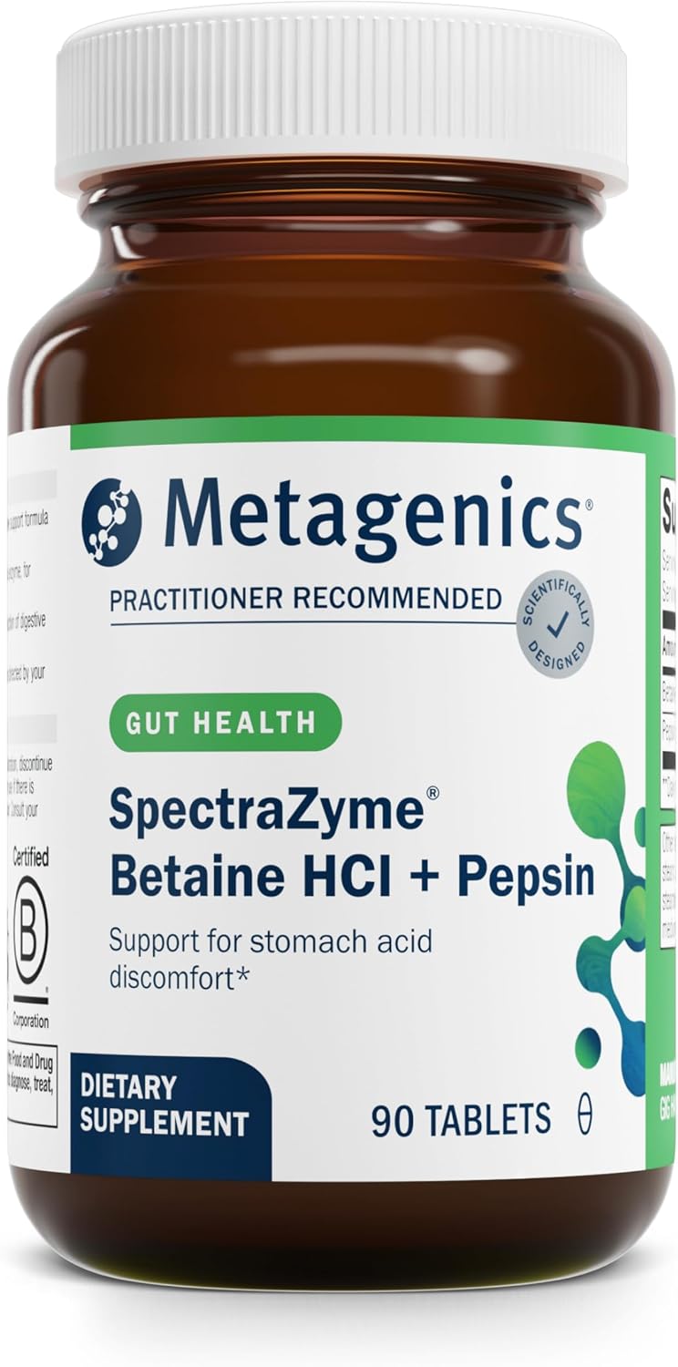 Metagenics SpectraZyme Betaine HCl with Pepsin - Digestive Support for Protein Breakdown & Nutrient Absorption* - Betaine Hydrochloride 650 mg & Pepsin 40 mg - Non‑GMO, Gluten‑Free - 90 Capsules