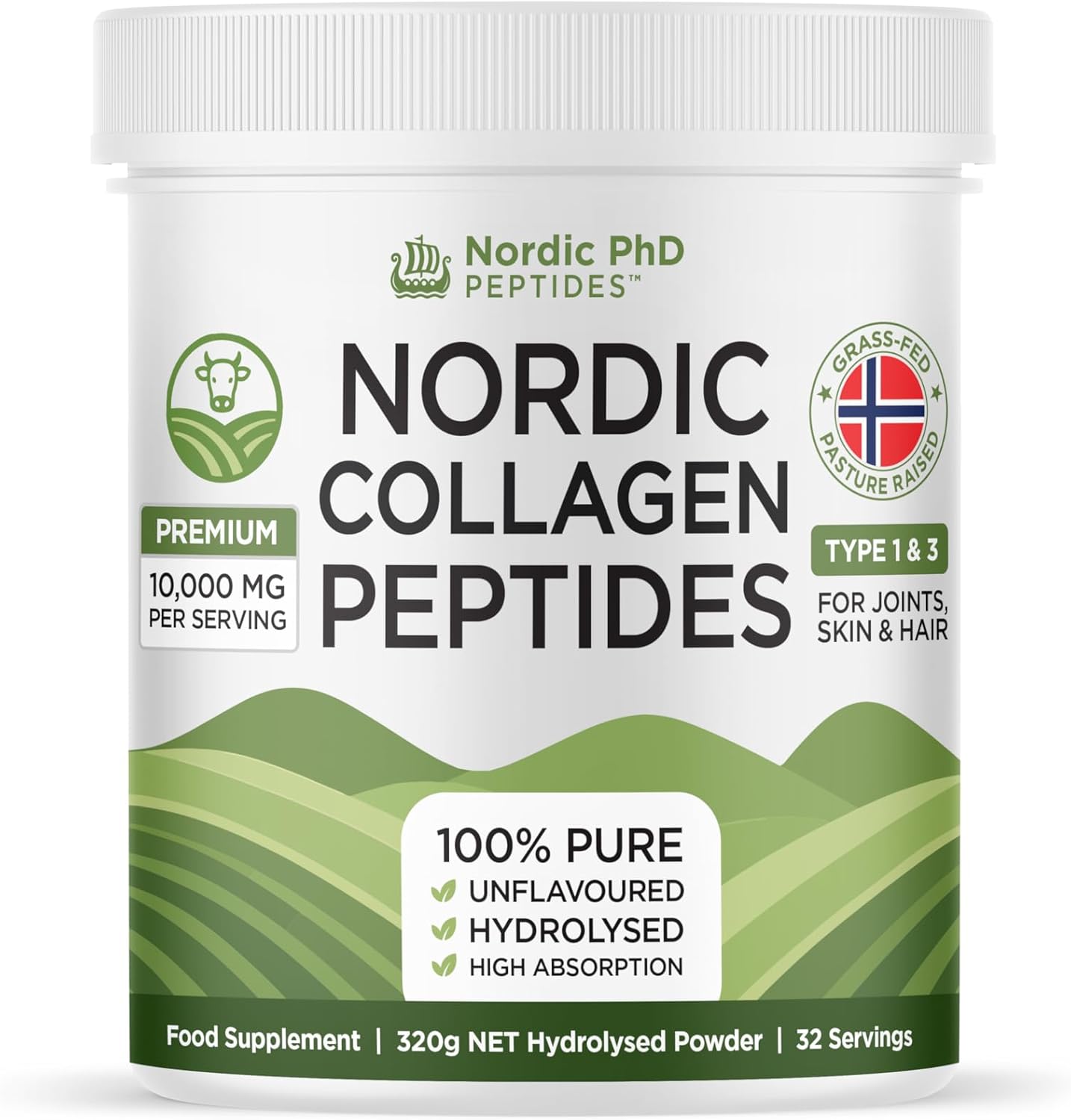 100% Pure Hydrolysed Nordic Collagen Peptides – Grass-Fed and Pasture Raised – Type I & III – 10,000mg Per Serving – High Absorption – Unflavoured – 320g | 32 Servings
