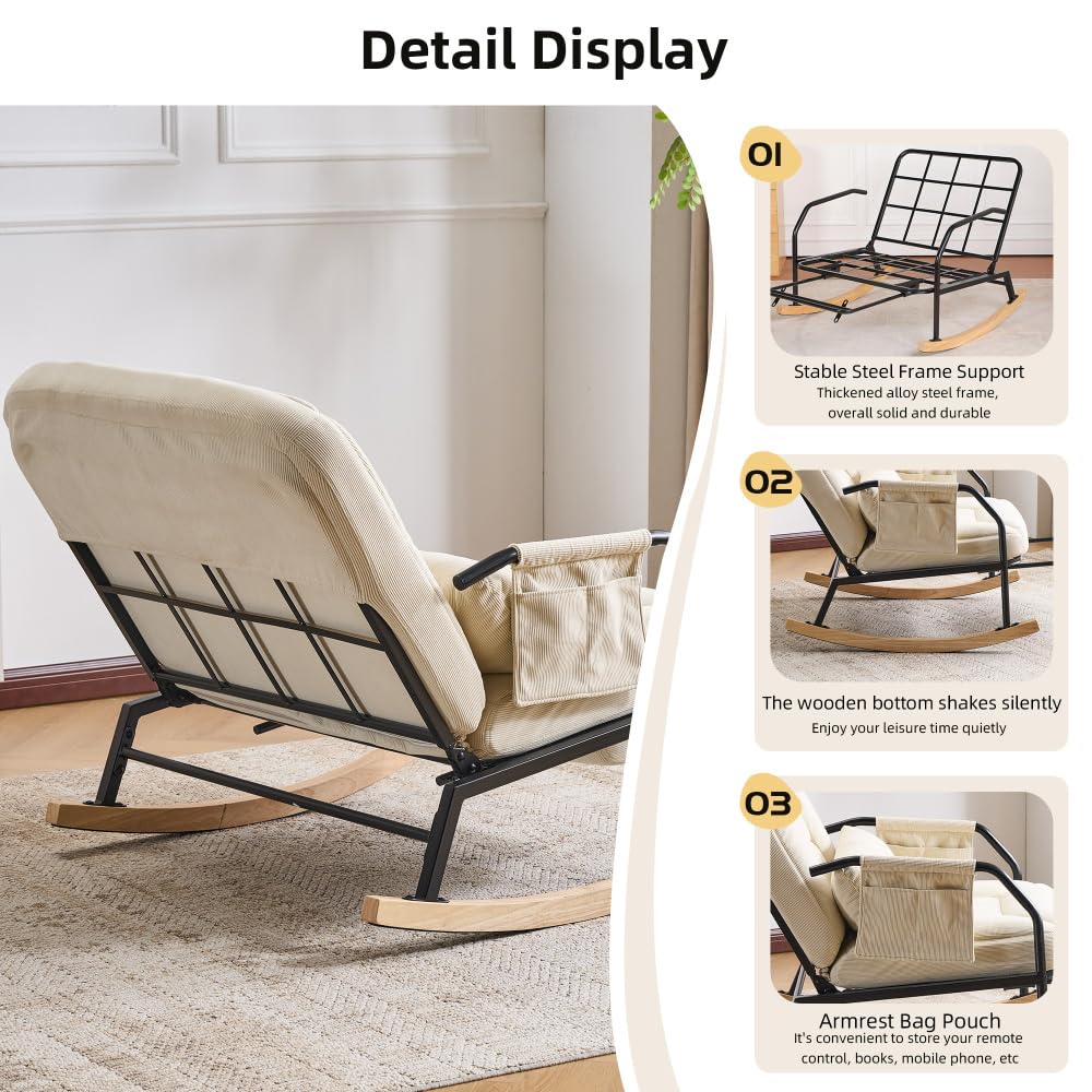 I0I&I0I Schaukelstuhl Mit Fußhocker Verstellbarer Relaxsessel Gepolsterte Sitzfläche Für Wohnzimmer Schlafzimmer Balkon Und Terrasse Aus Cordstoff (Beige + Corduroy + Foam)
