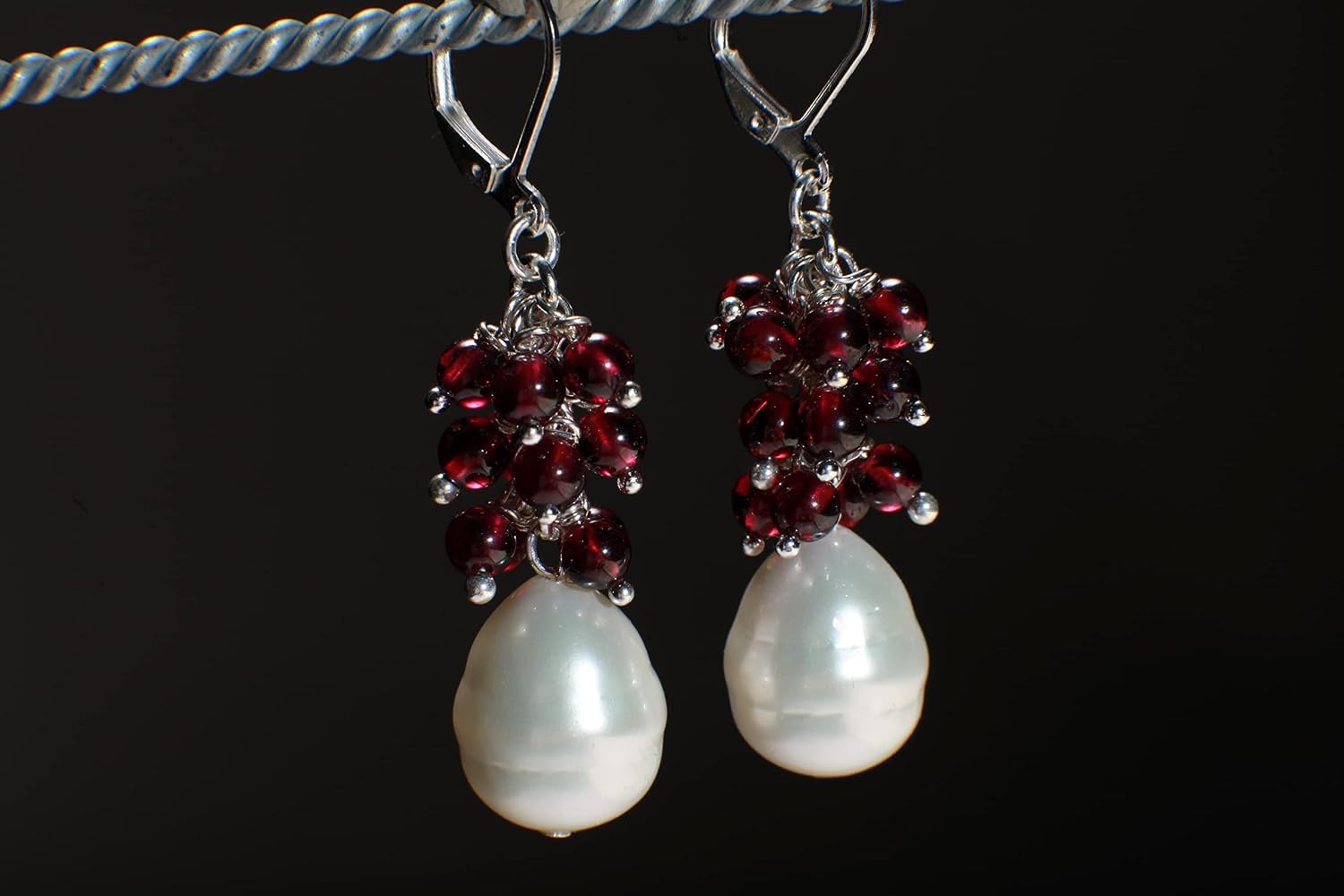 Genuine Garnet Cluster Wire Wrapped Dangling with South Seashell Baroque Pearl Silver, Gold Leverback Earwire, Bridal, Boho, Handmade Gift for Her