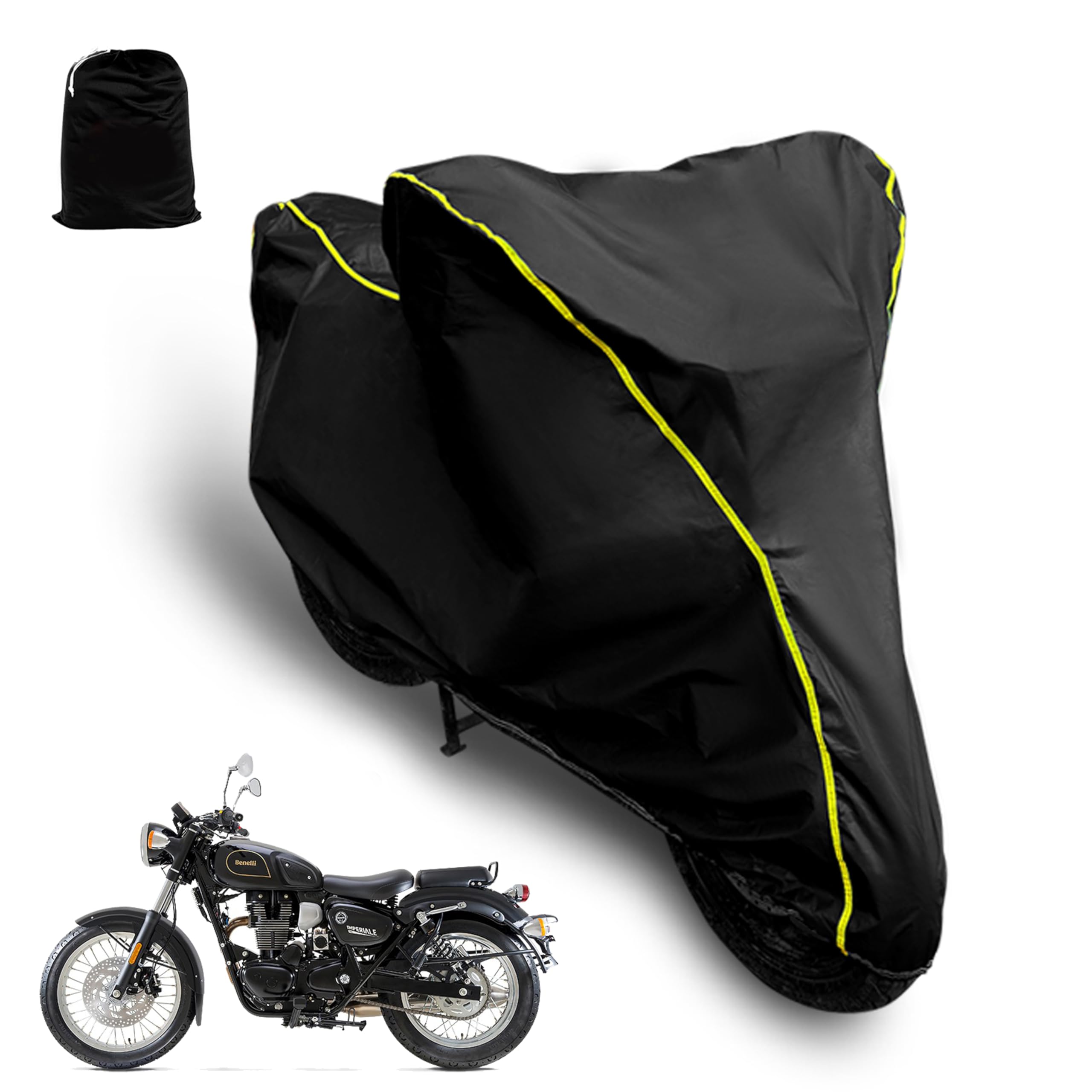 AUTOCOZEN Waterproof Bike Cover Compatible with Benelli Imperiale 400 Cover with All Weather Protection and Triple Stitch, Heavy Buckle with Storage Bage & Black with Yellow Piping-image-5