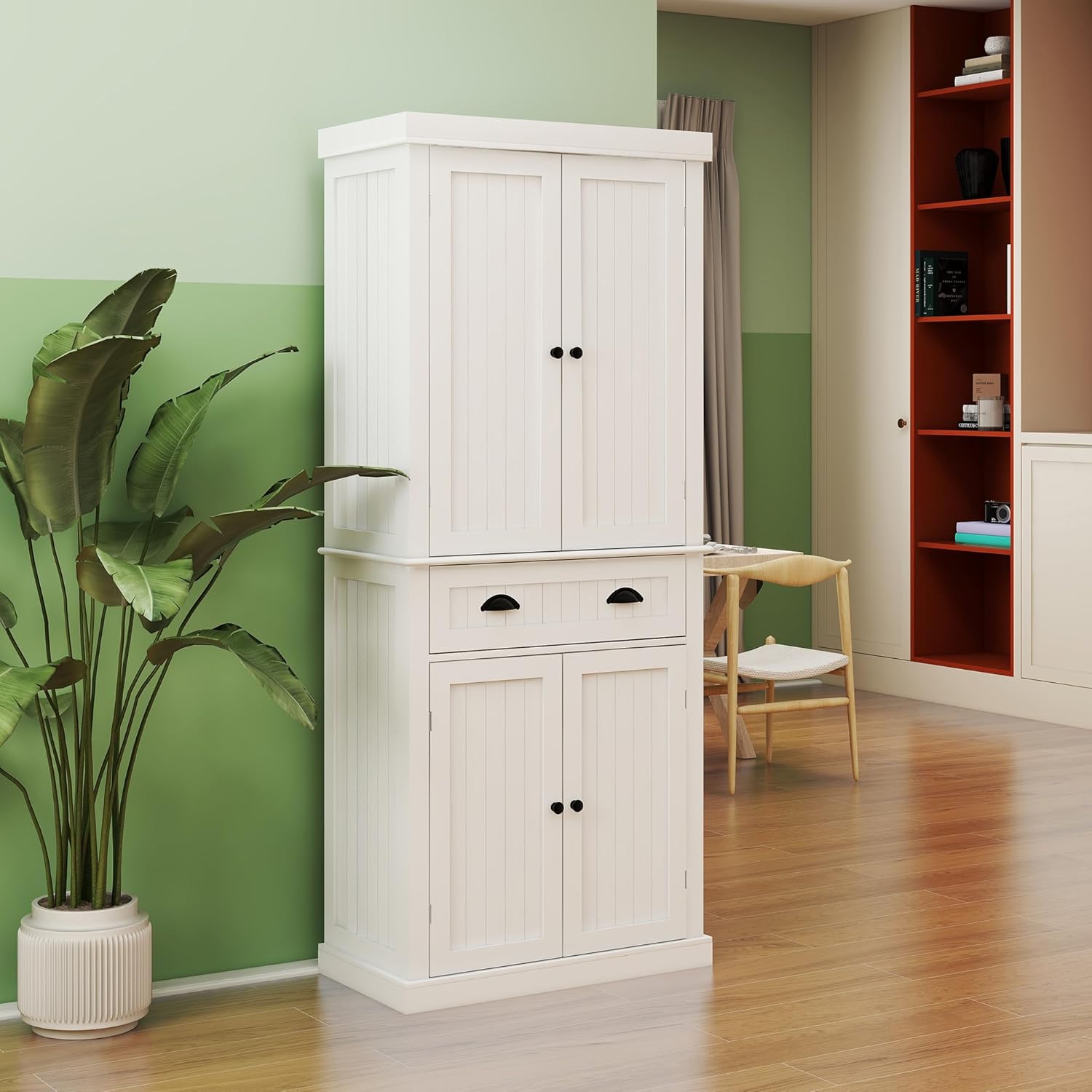 72" Freestanding Kitchen Pantry Cabinet White Pantry Storage Cabinet, Tall Storage Cabinets with Doors and Shelves for Kitchen, Large Kitchen Cupboard (Stripe)