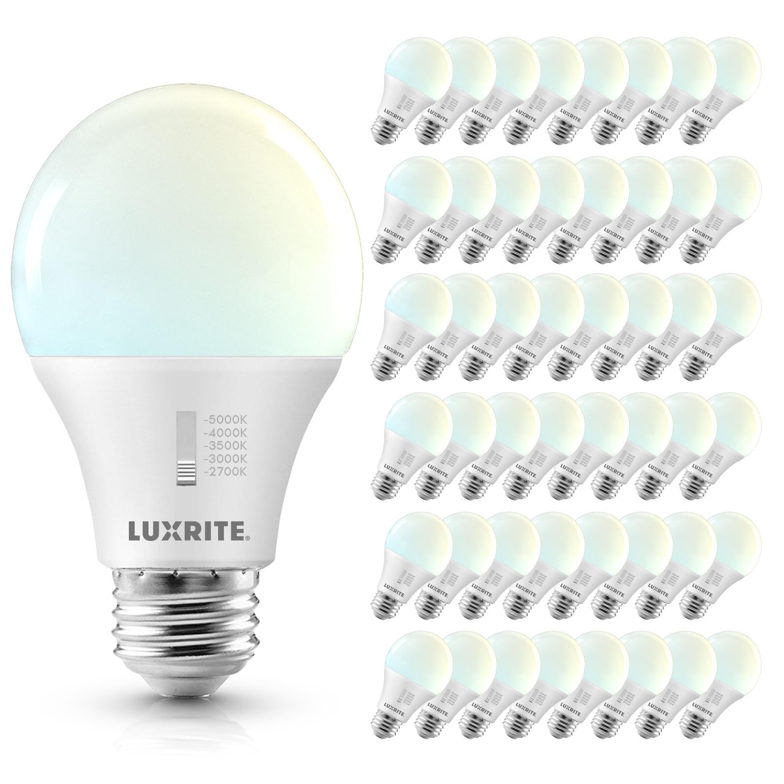 LUXRITE A19 LED Light Bulb 60 Watt Equivalent, CRI90, 5CCT Selectable 2700K 3000K 3500K 4000K 5000K, Dimmable, 800LM, Standard LED Light Bulbs 9W, E26