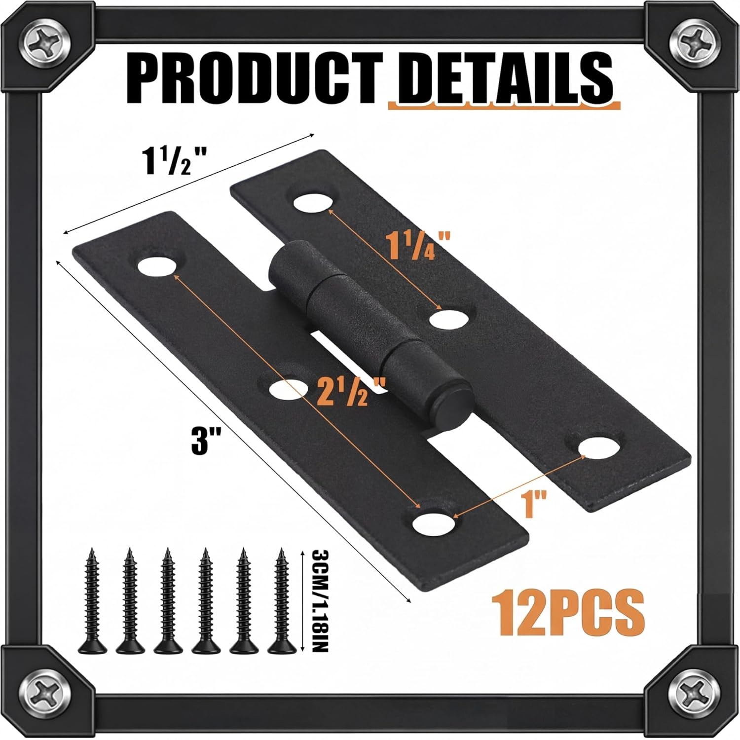 12 Pack 3 Inch Black Powder Coated Wrought Iron H Hinge for Cabinet Doors Kitchen Cabinet Hinge with Hardware