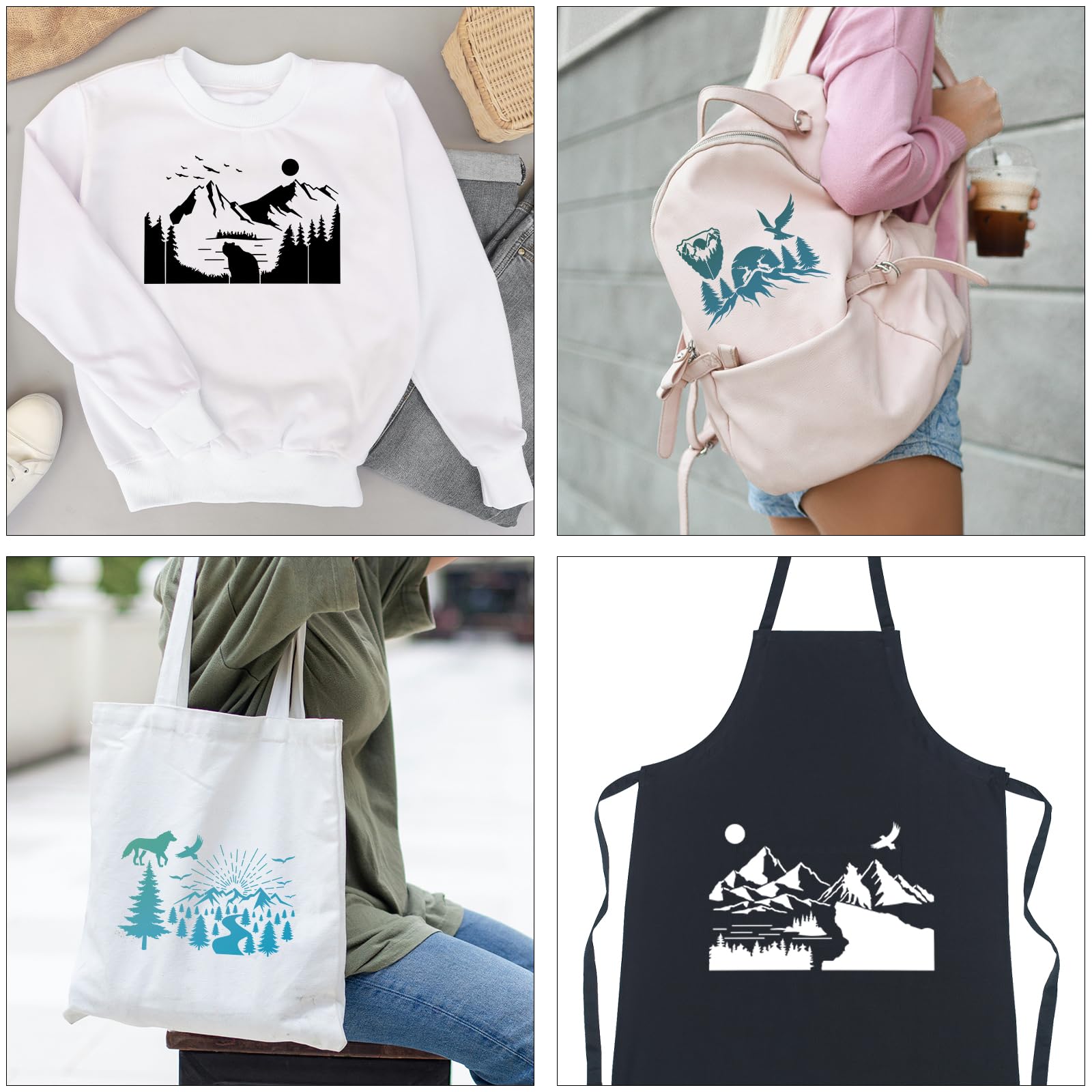 6 stencil e motivi riutilizzabili: montagna, fauna selvatica, cervo, albero per dipingere su legno