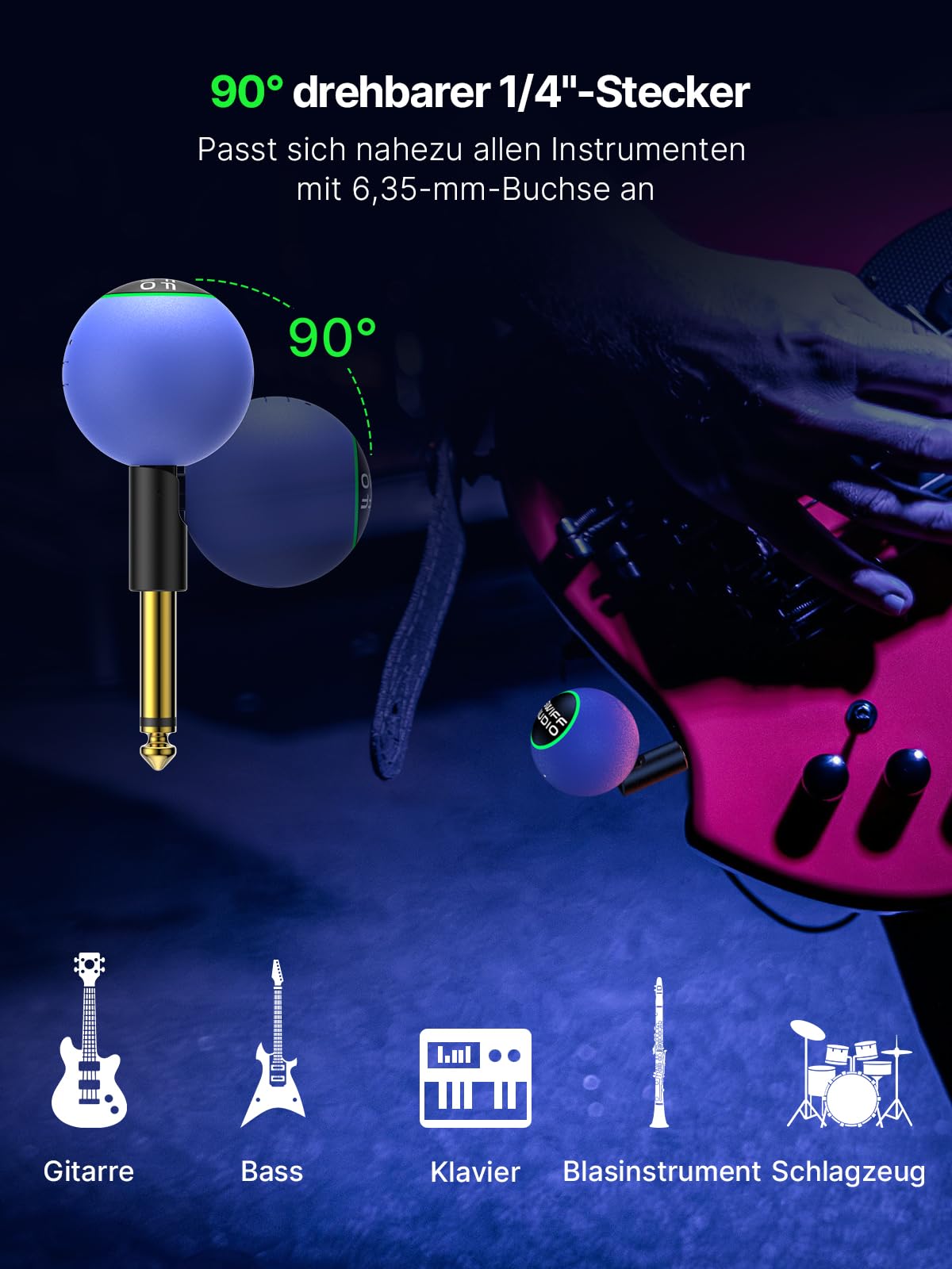 WT09B Funk-Gitarrensystem, Sender & Empfänger, 6 Kanäle mit Auto-Umschaltung, 5,8 GHz, <5,5 ms Latenz, 60 m Reichweite, 1 MΩ HiFi-Eingang, RGB-Anzeige, 4 Std. Laufzeit, Profi-Reiseset, Blau