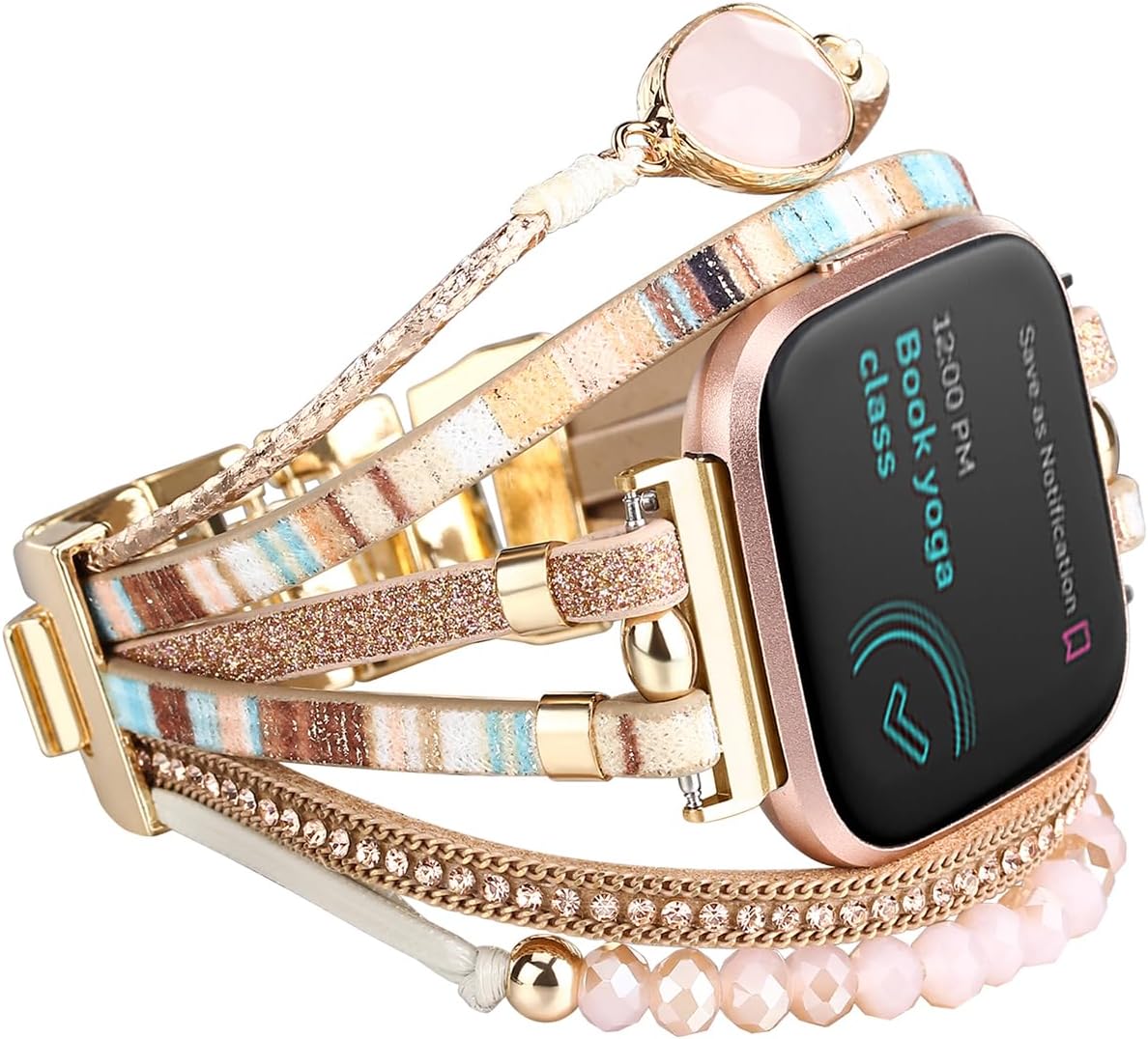 レザーブレスレット Fitbit Versa 4/Versa 3バンド/Sense 2/Senseバンド 女性用 マルチレイヤーラッ