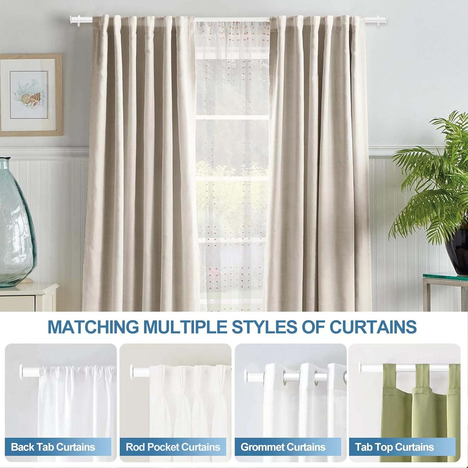 Urbanest Bouton Flat Button 1" 5/8" Double Drapery Curtain Window Rod Set - 48" to 84", White