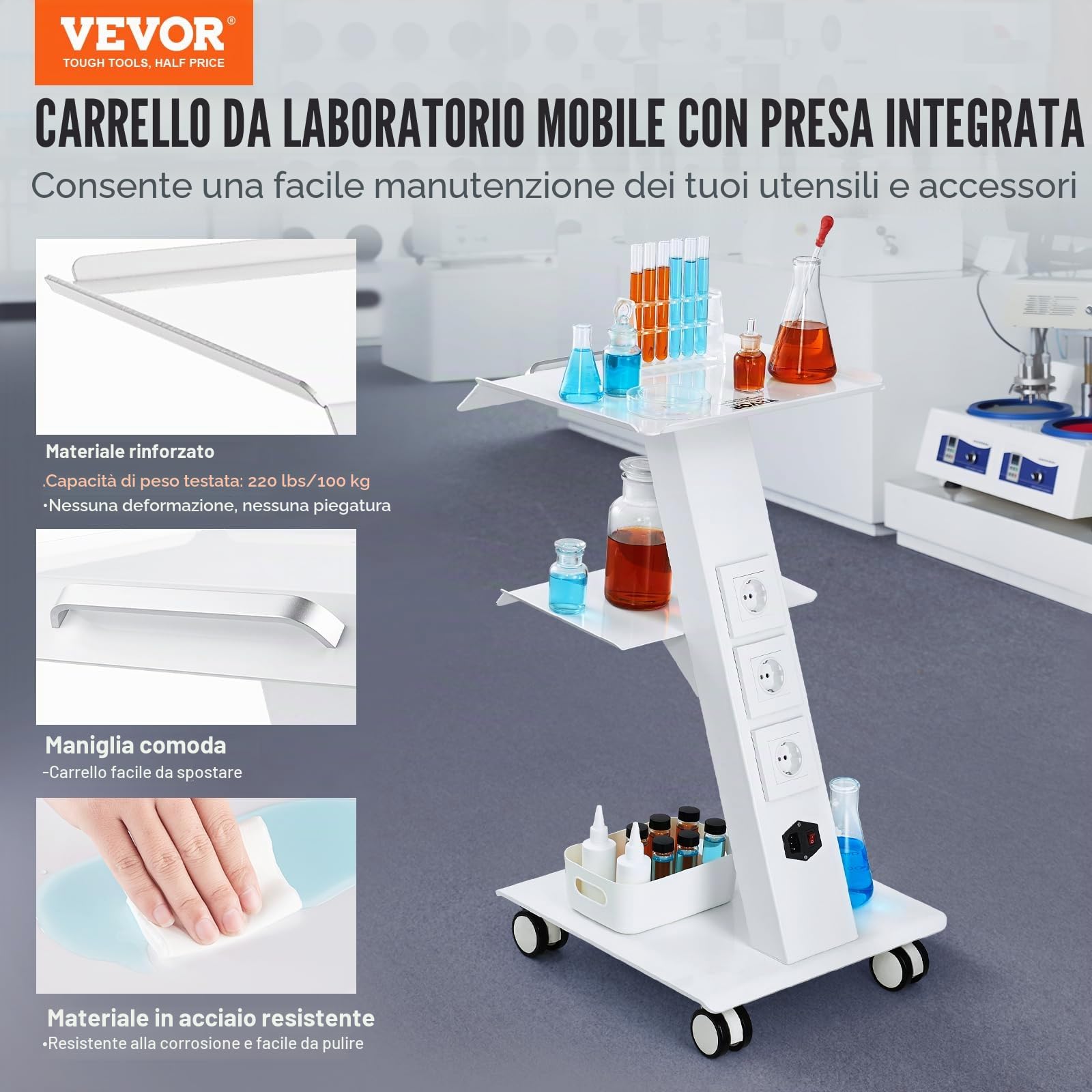 VEVOR Carrello da laboratorio 3 strati con presa integrata ruote girevoli portata 100 kg