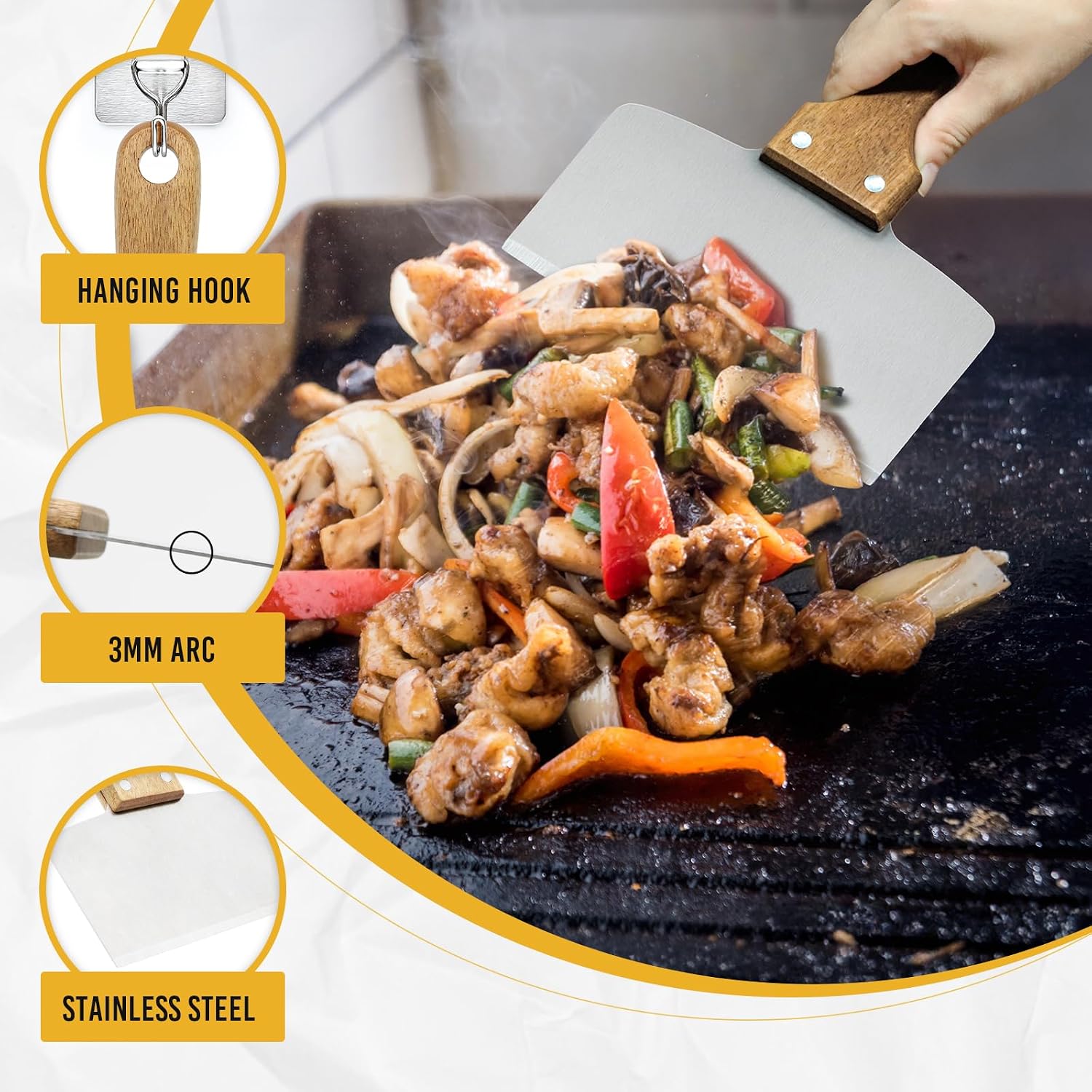 Heavy Duty Stainless Steel Grill Scraper – 5" Natural Wooden Ergonomic Handle, Multifunctional Durable Griddle Cleaner Tool for Blackstone Grill, Outdoor BBQ and Kitchen Use thumbnail