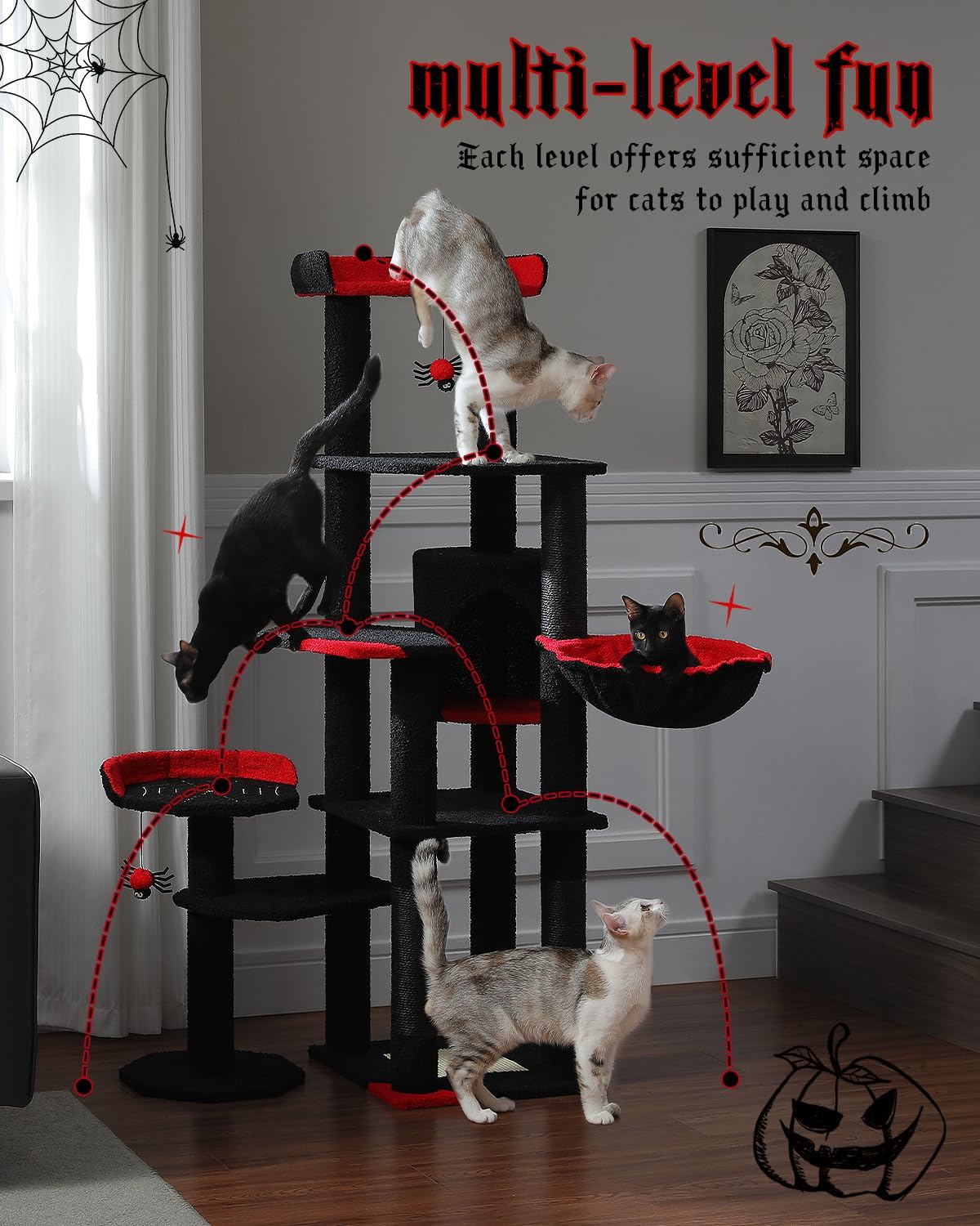 MUTTROS 59" Gothic Cat Tree with Coffin Bed-Black Cat Tower for Indoor Cats with Spacious Cat Condo & Cozy Hammock, Spider Hanging Balls, Sisal Scratching Post and 2 Spooky Perches for Halloween