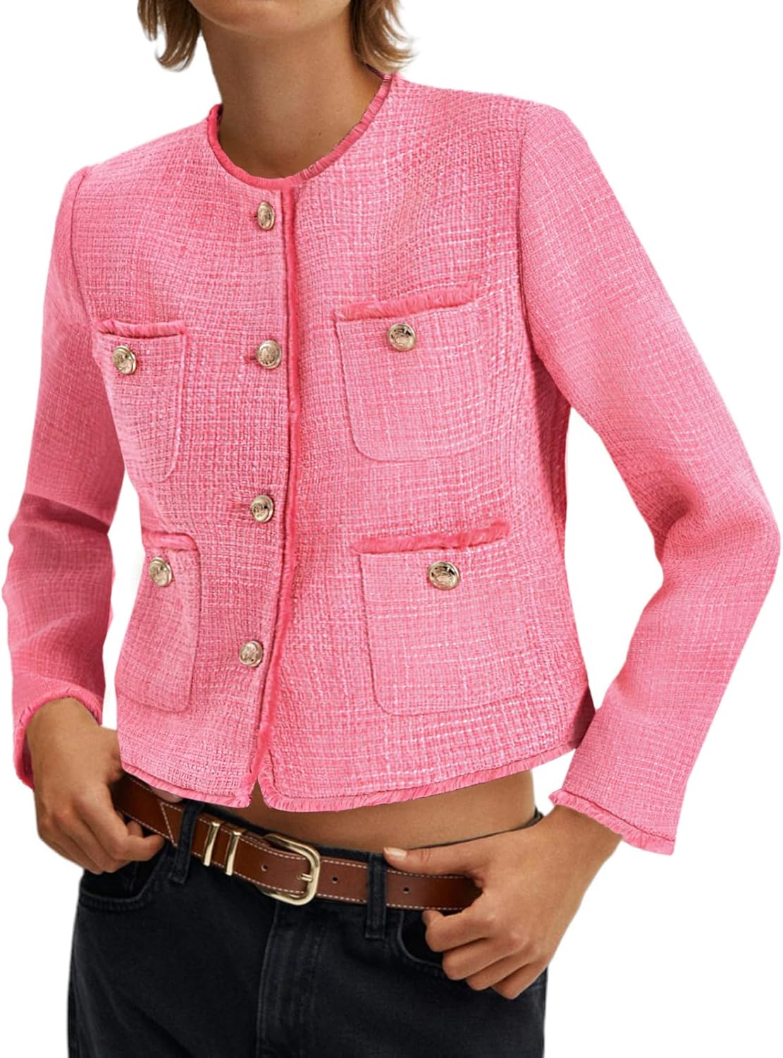 Cicy Bell Womens Cropped Tweed Blazer Collarless Casual Business Suit Jacket Fall Elegant Outerwear Cicy Bell Womens Cropped Tweed Blazer Collarless Casual Business Suit Jacket Fall Elegant Outerwear