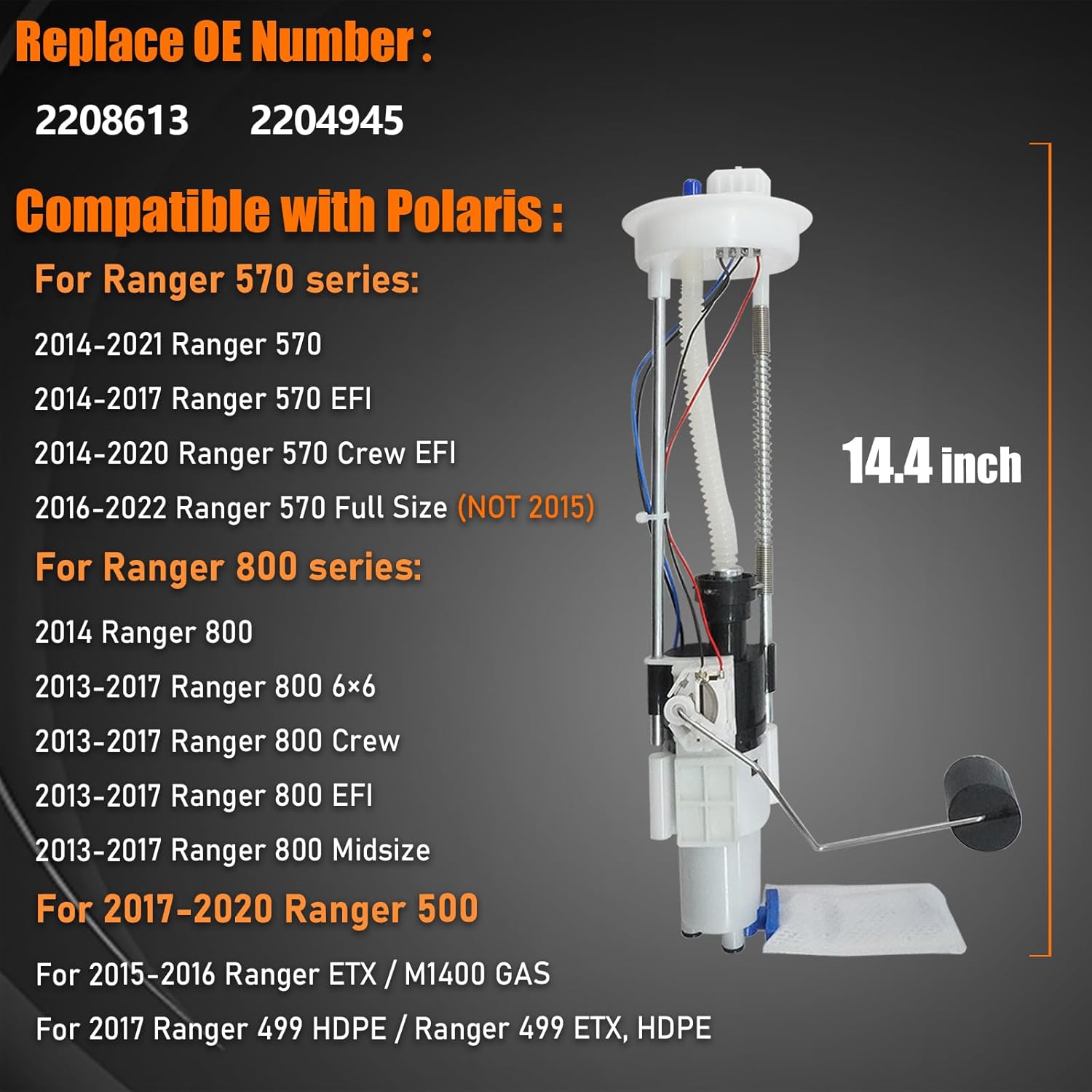 2208613 2204945 Fuel Pump Assembly Compatible with Polaris Ranger 500 570 800 499 EFI ETX Crew 6x6 2013-2015 2016 2017 2018 2019-2022