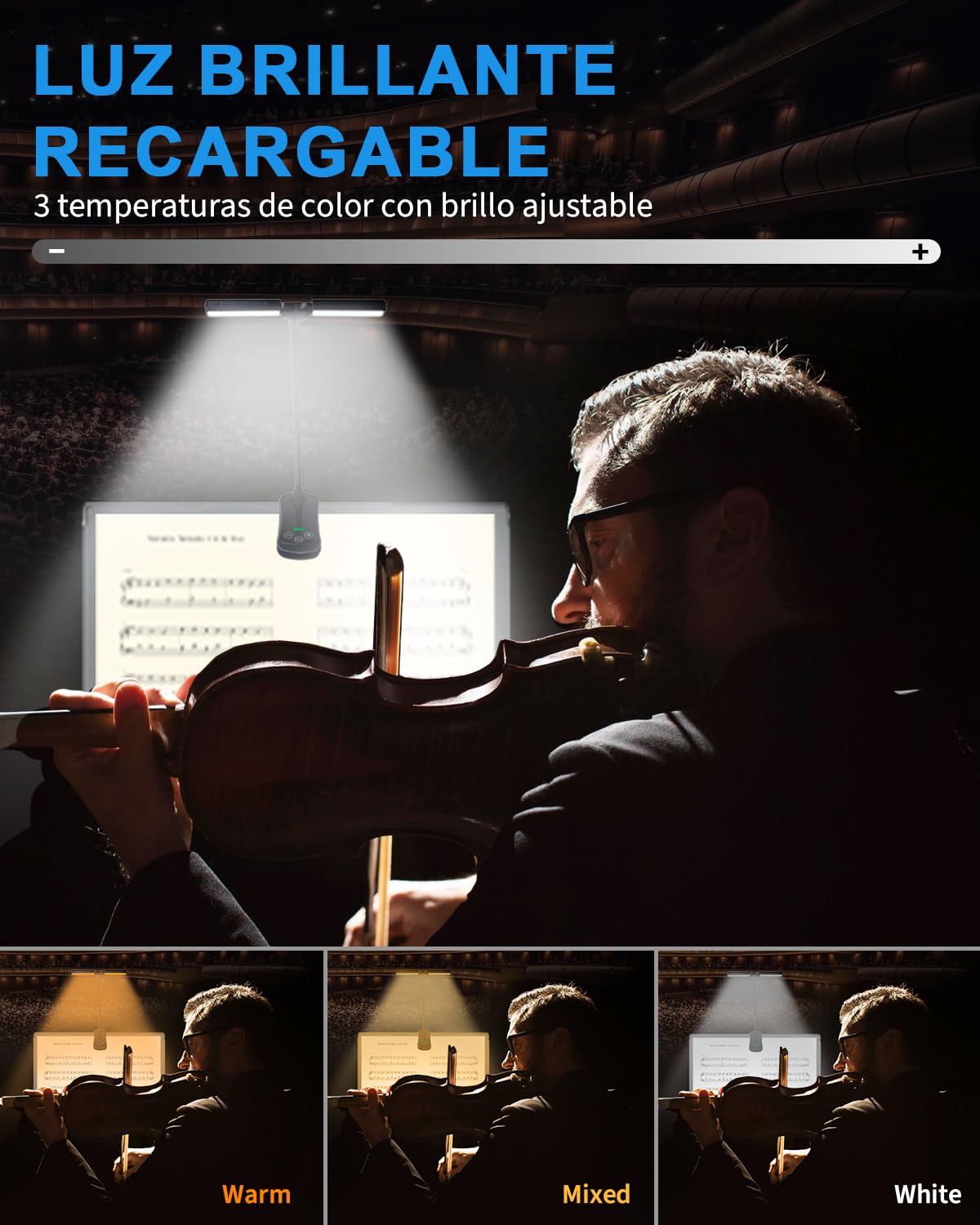 Lampara Atril Musica de Pinza con 3 Color 8 Brillo, 14 LEDs Luz para Atril de Partituras, USB-C Recargable Lampara Lectura Libro para el Piano, Guitarra, Partituras, Luz Libro Lectura