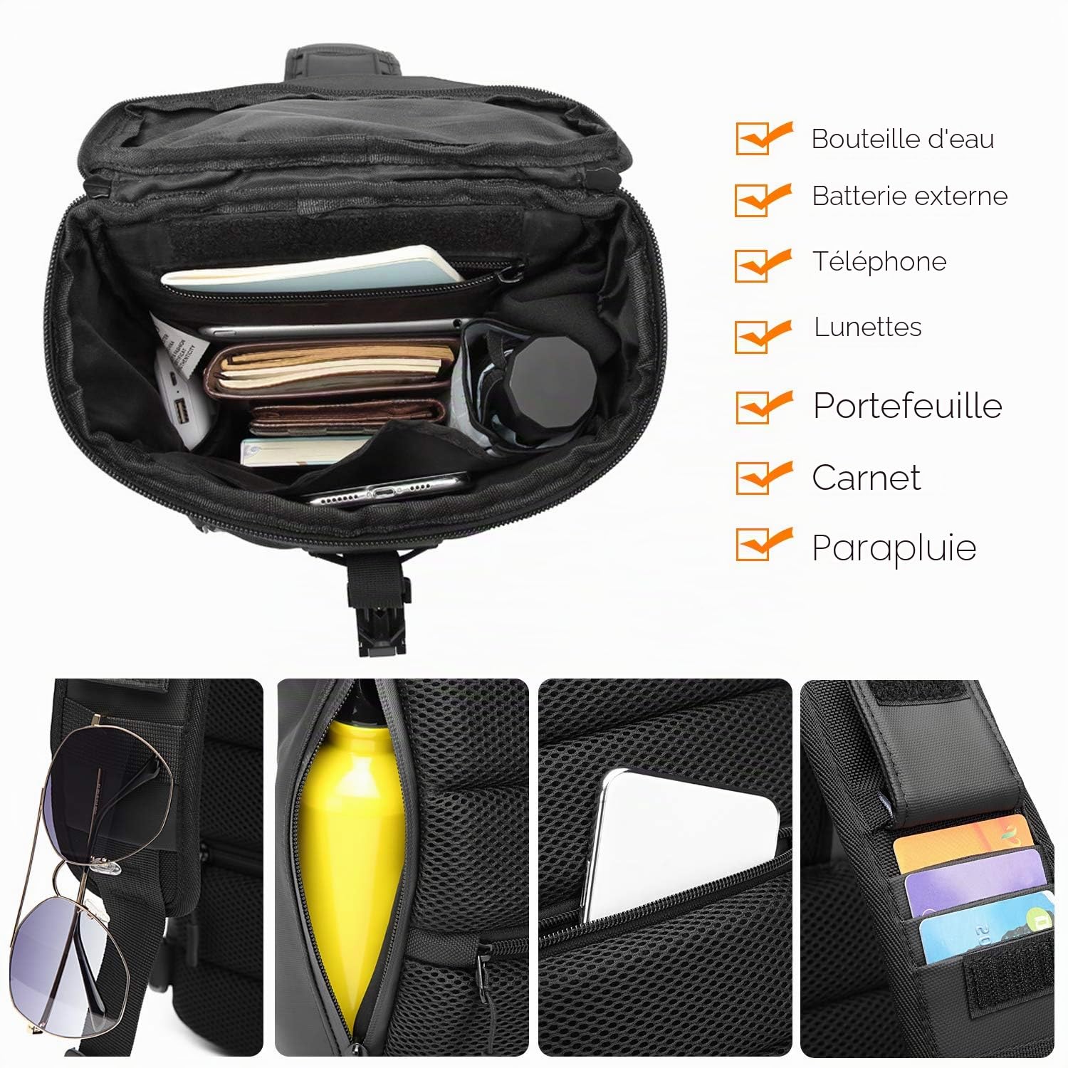 FANDARE Antivol Sac de Poitrine Sling Avec USB - Sacoche Grande Capacité d'Epaule Pour Homme, Garçon - Bandoulière Pour École, Voyage, Randonnée, Cyclisme, Jogging - Durable Polyester