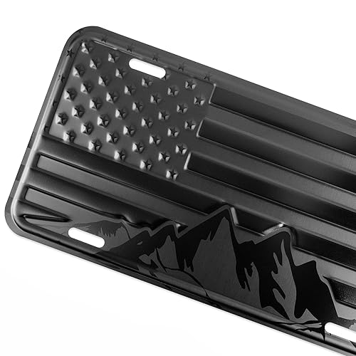 American Flag with Mountains License Plate. Embossed 3D Aluminum (Black