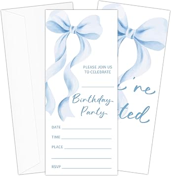 Blue Bow Ticket Birthday Invitation, Blue Ribbon Bow Birthday Party Invitation Cards for Teens Adults, 20 Ticket Invitations with Envelopes for Parties, Party Celebration Supplies-17