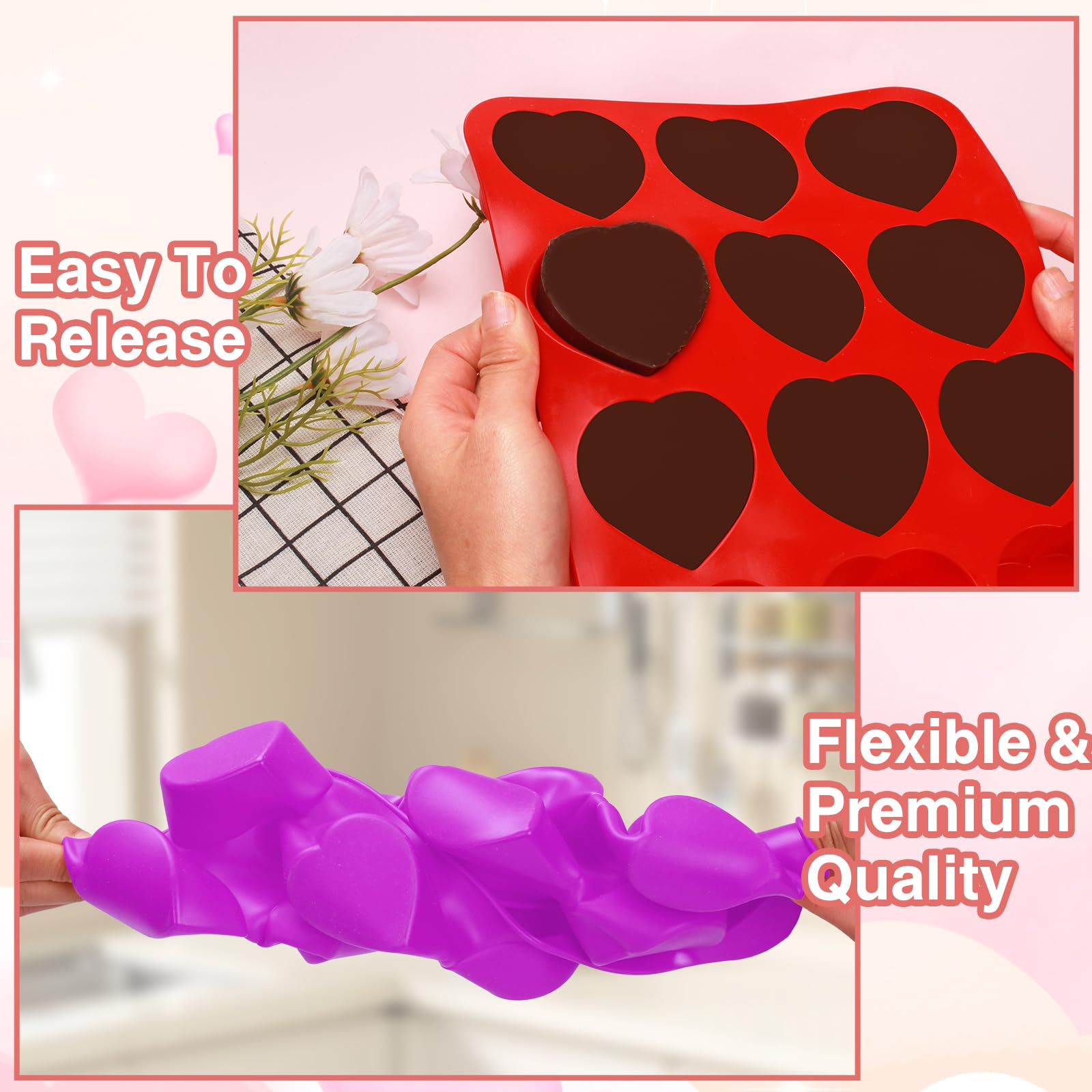 3 stampi in silicone a forma di cuore con 12 cavità a forma di cuore, per cioccolato, sapone, mini muffin, San Valentino, per sapone, cioccolato, gelatina, caramelle (rosso, viola, rosa)