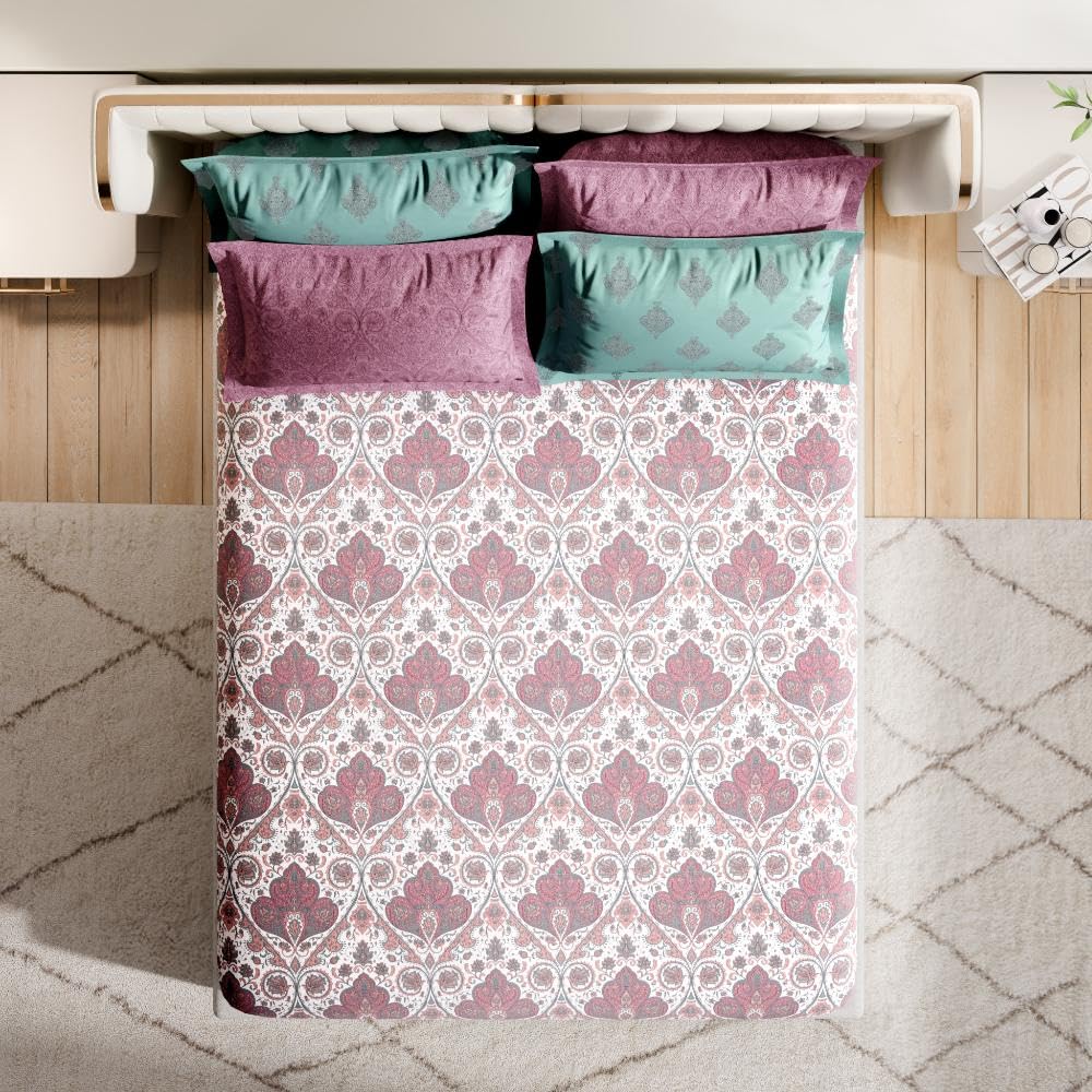 Wakefit Premium 100% Cotton 300 TC Flat Bedsheet with 4 Pillow Covers | Queen Size (100 x 90 inch) | Scarlet