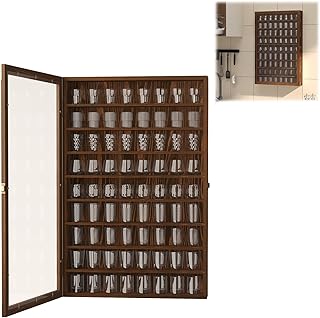 tonchean 72 Slots Large Shot Glass Display Case, Wall Mounted Shot Glass Holder with Acrylic Door, Wooden Glass Display Cabinet with Removable Shelves, 26.85'' x 17.5'' x 3.35''