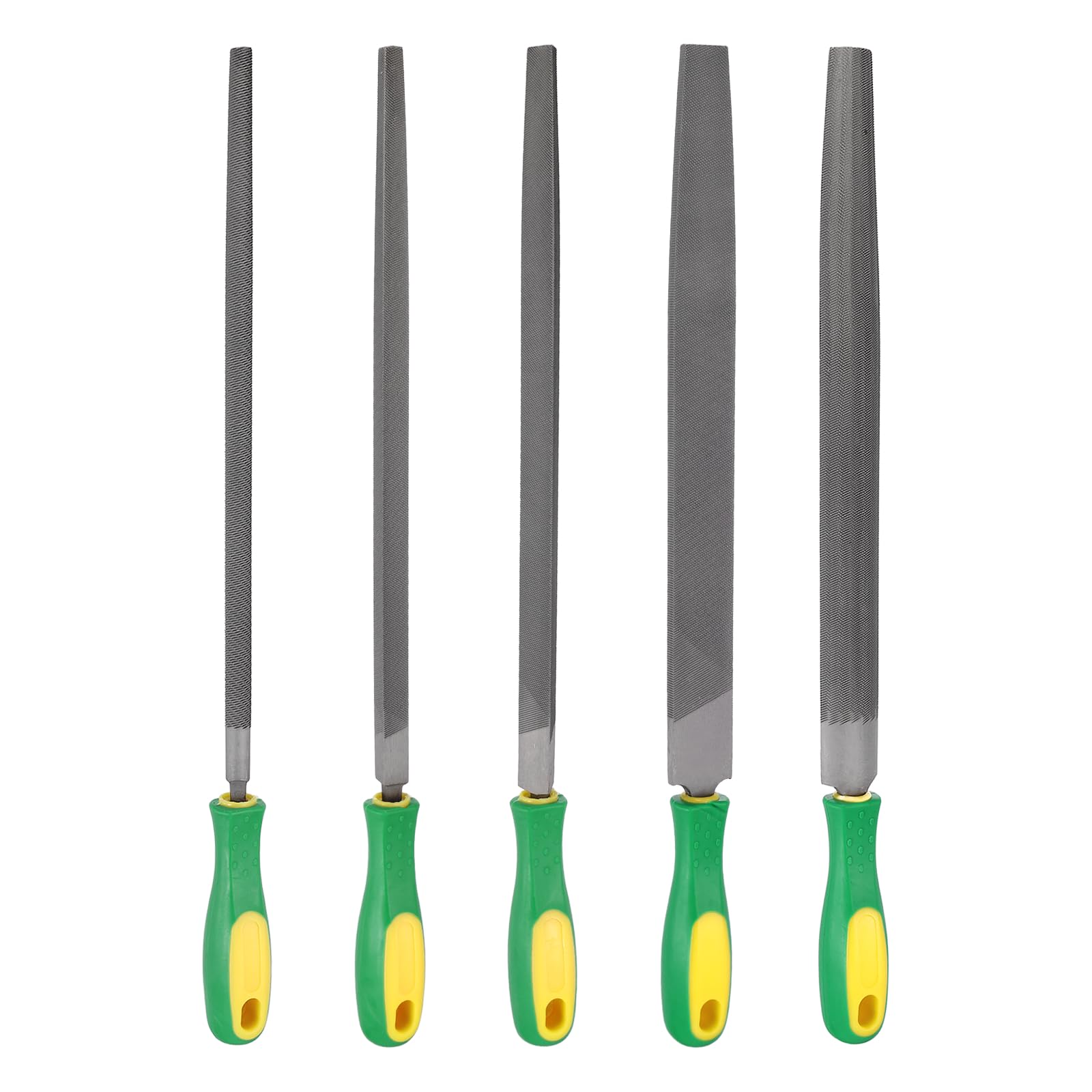 sourcing map 5pcs Metal File Set 300mm Medium Teeth High Carbon Steel Hand Files with PP Handle Square/Flat/Triangle/Half-Round/Round for Metal Wood Stone Grinding Polishing Engraving