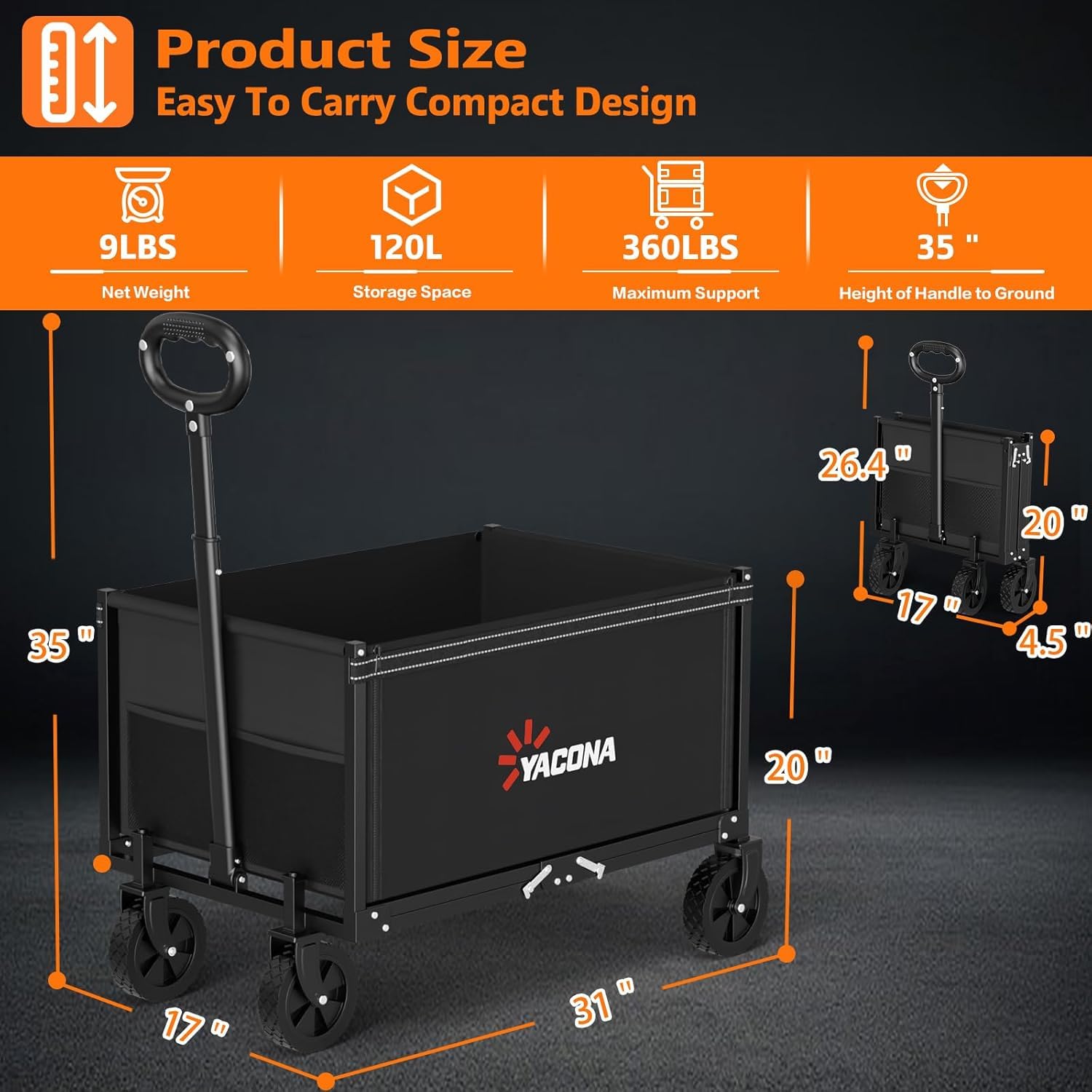 3 in 1 Bollerwagen Faltbar, 360 Lbs Leichter Bollerwagen Mit All-Terrain-Rädern, Handwagen Für Lebensmittel, Camping, Strand, Garten Und Sport schwarz (Schwarz)
