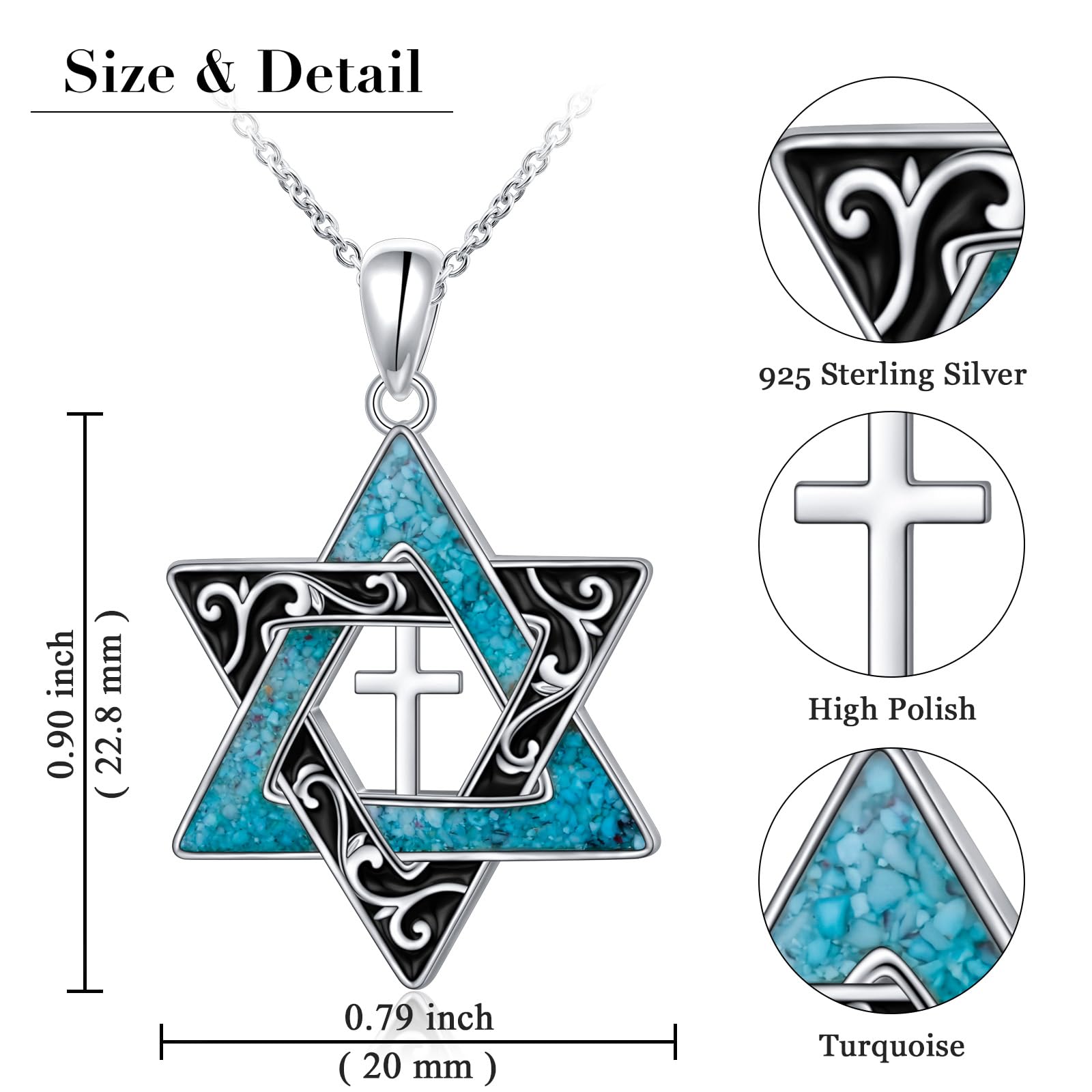 DAOCHONG Collana con stella di David in argento 925 con turchese, gioiello da donna