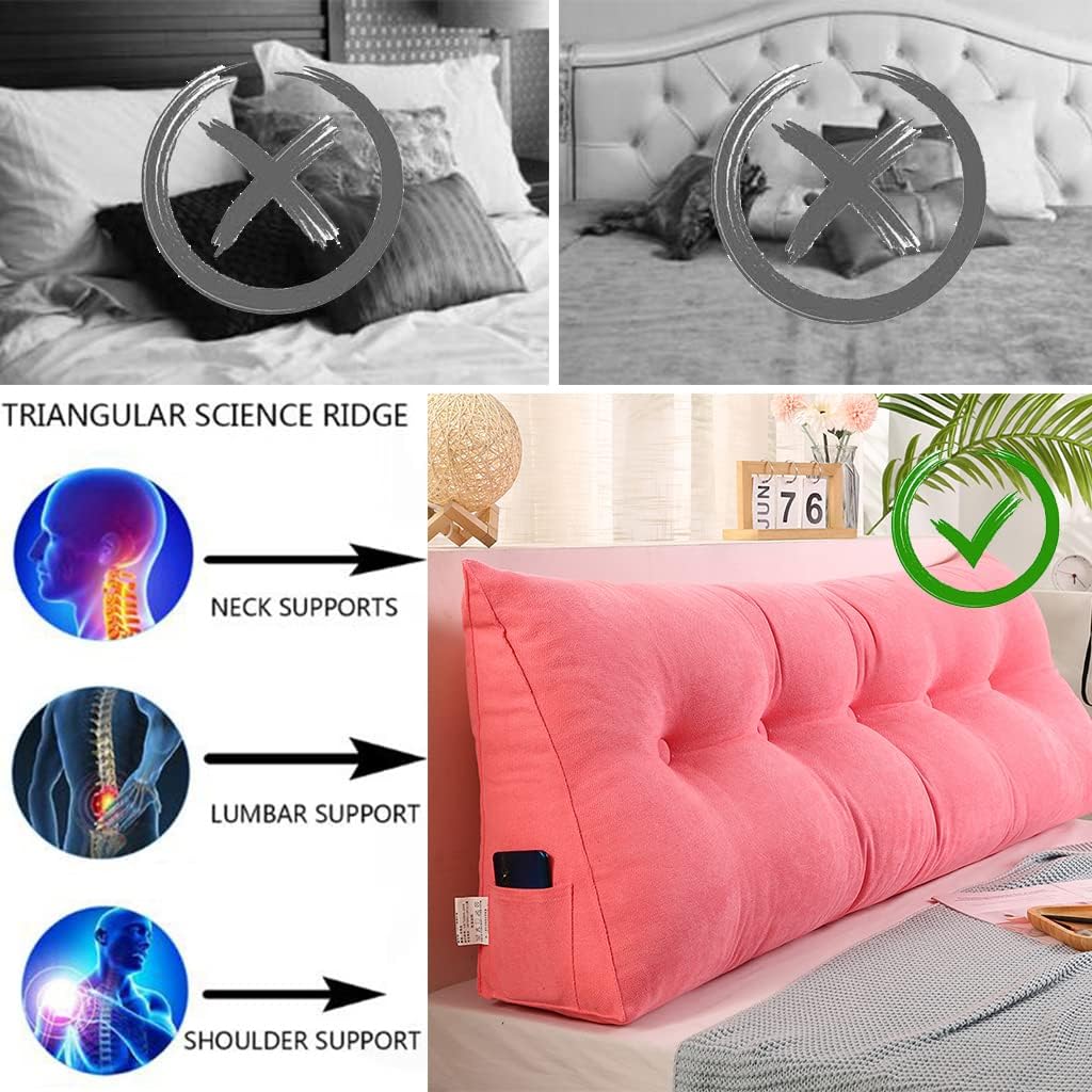 Large Triangular Headboard Long Pillow Solid Color Back Cushion Television Pillow Reading Bolster Wedge Pillow for Sofa Bed Backrest Washable Support Cushion,Pink,47inch/120cm
