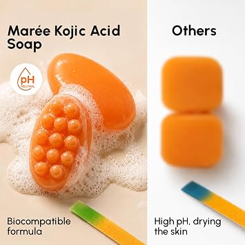 MAREE Kojic Acid Soap & Scrub - Brightening Kojic Acid and Turmeric Soap for Dark Spot and Hyperpigmentation - Dark Spot Remover for Face & Body Wash - Acido Kojico Cream Bar Soaps