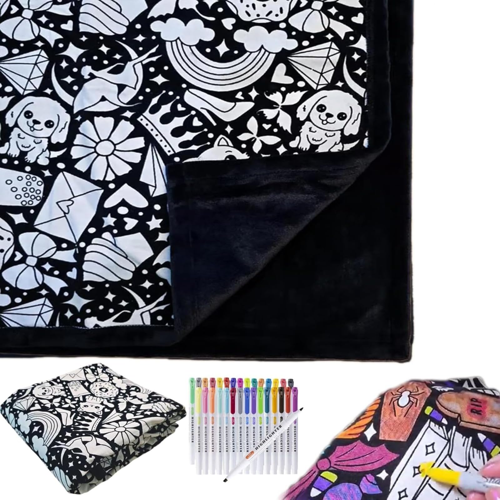INPUS DIY Coloring Blanket, Coloring Blankets for Adults, Color Your Own Blankets, Creative Personalized Drawing Art Project, Soft Cozy Fleece Drawing Throw Bedroom Decor including colored pencils
