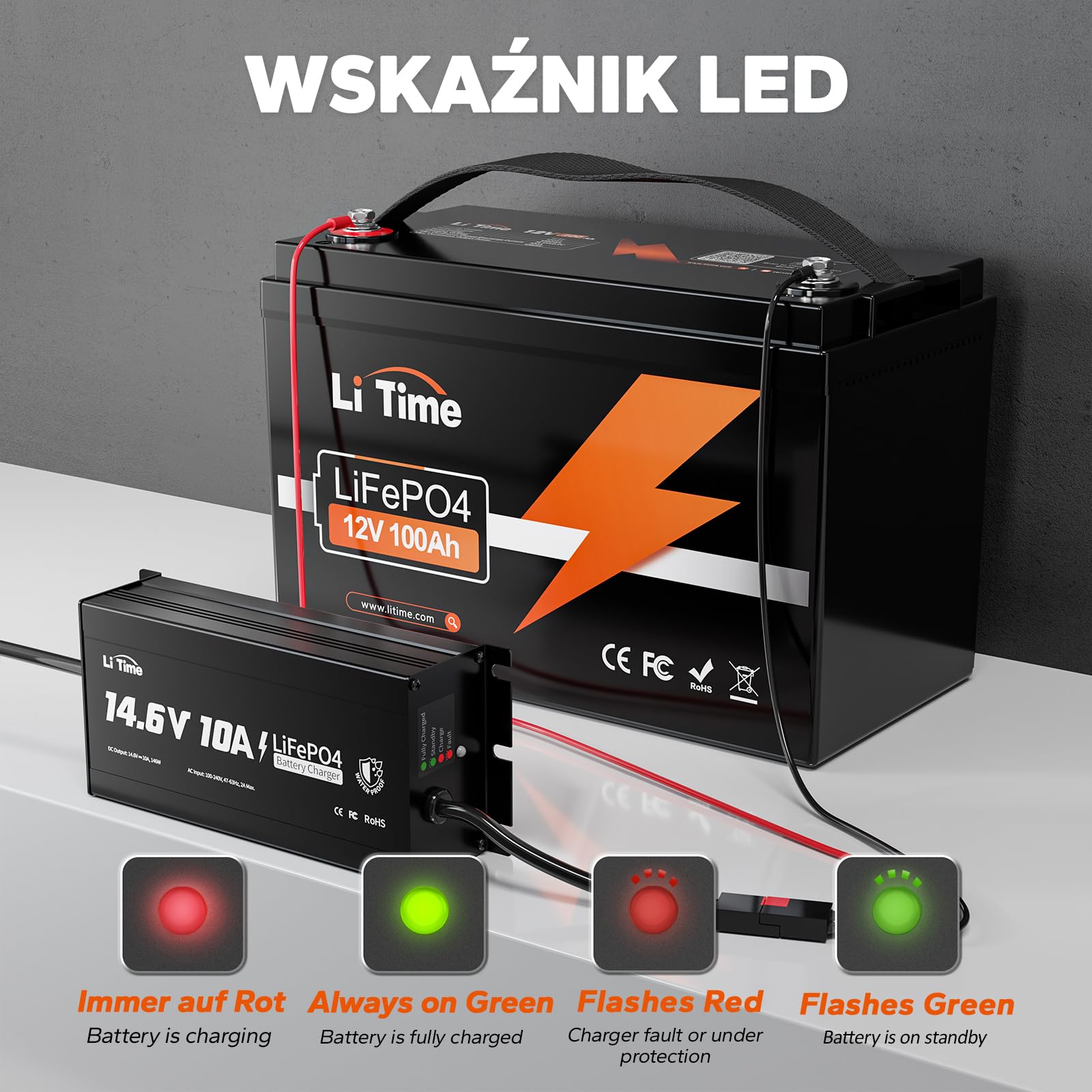LiTime 14,6V 10A Ładowarka Pokładowa do Akumulatorów Litowo-jonowych IP67, 4-krotna Ochrona, Lepsza Wydajność ładowania, Wydłużona żywotność Akumulatorów Litowo-jonowych, do Użytku Zewnątrz Morzu