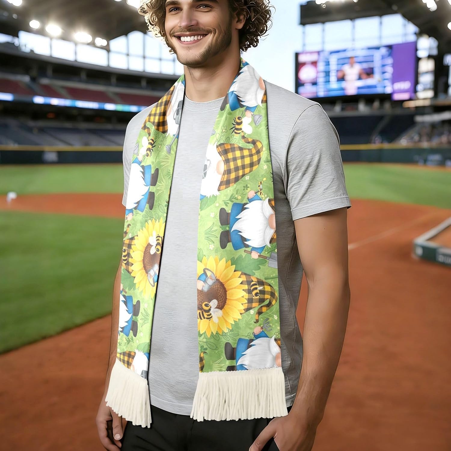 CHIFIGNO Cute Garden Gnome Sunflower Sports Fan Scarf Towel, Soft Polyester Cheering Scarf for Soccer Games, Quick Dry Sweat Absorbent Rally Towel