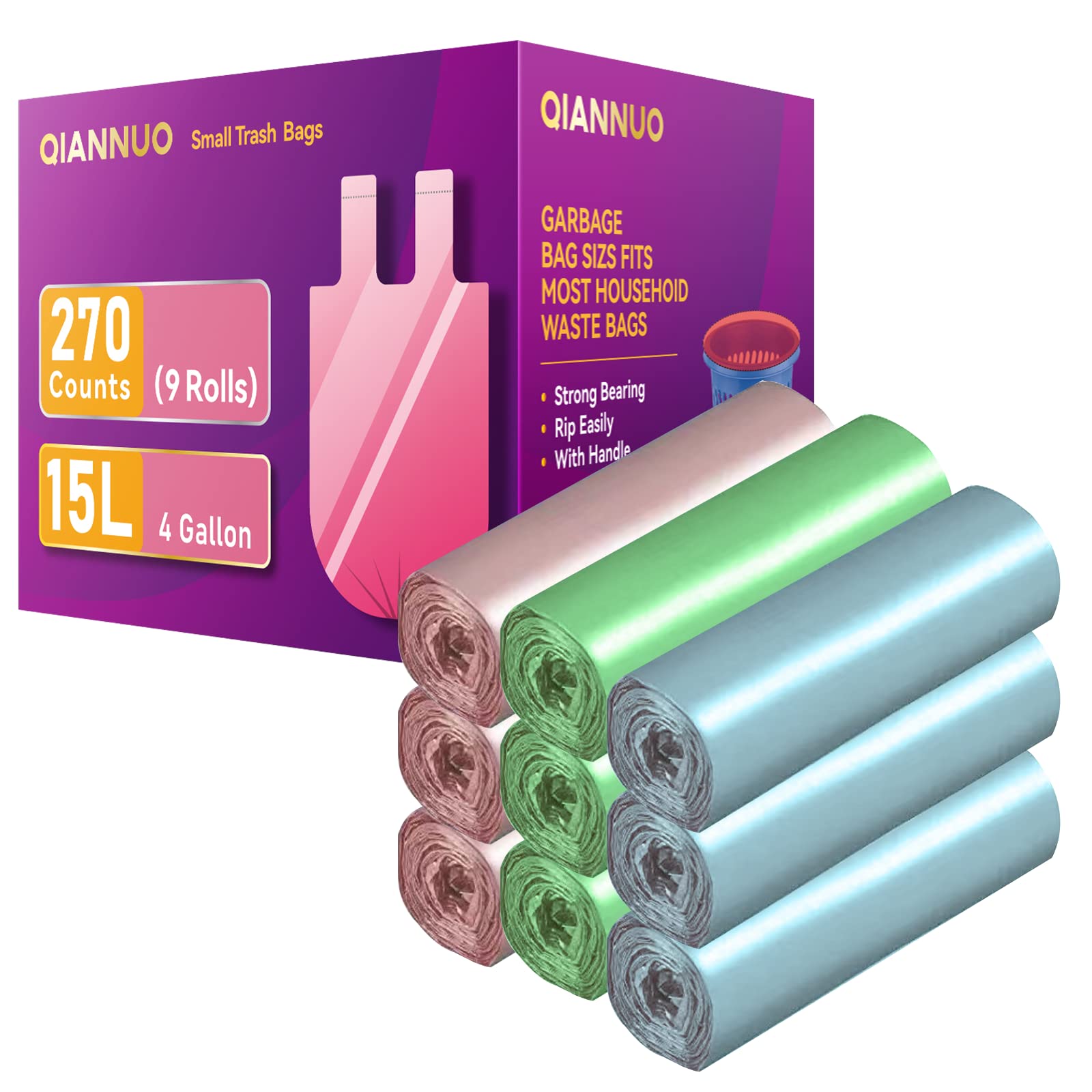 Trash Bags Small 270 Counts Handle Garbage Bag 4 Gallon Can liners for Bathroom, Bedroom, Office, Car, Home