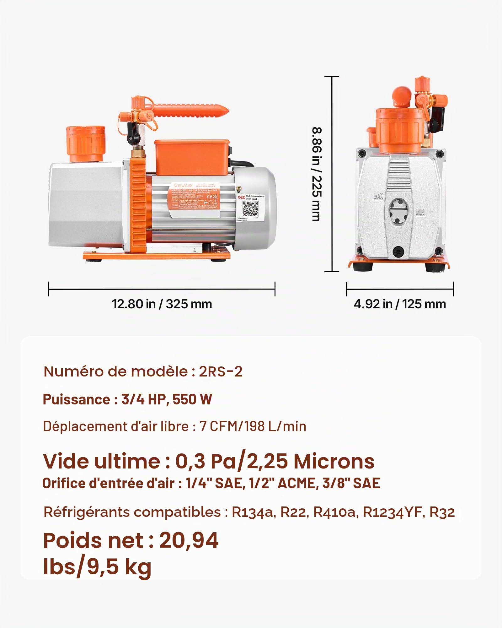 VEVOR Pompe à Vide 7 CFM 198 L/Min Pompe à Vide Climatisation Palettes Rotatives 2 Étages Compatible R134a R22 R410a R1234YF R32 pour Entretien Climatiseurs Automobiles Dégazage Résine, Huile Incluse