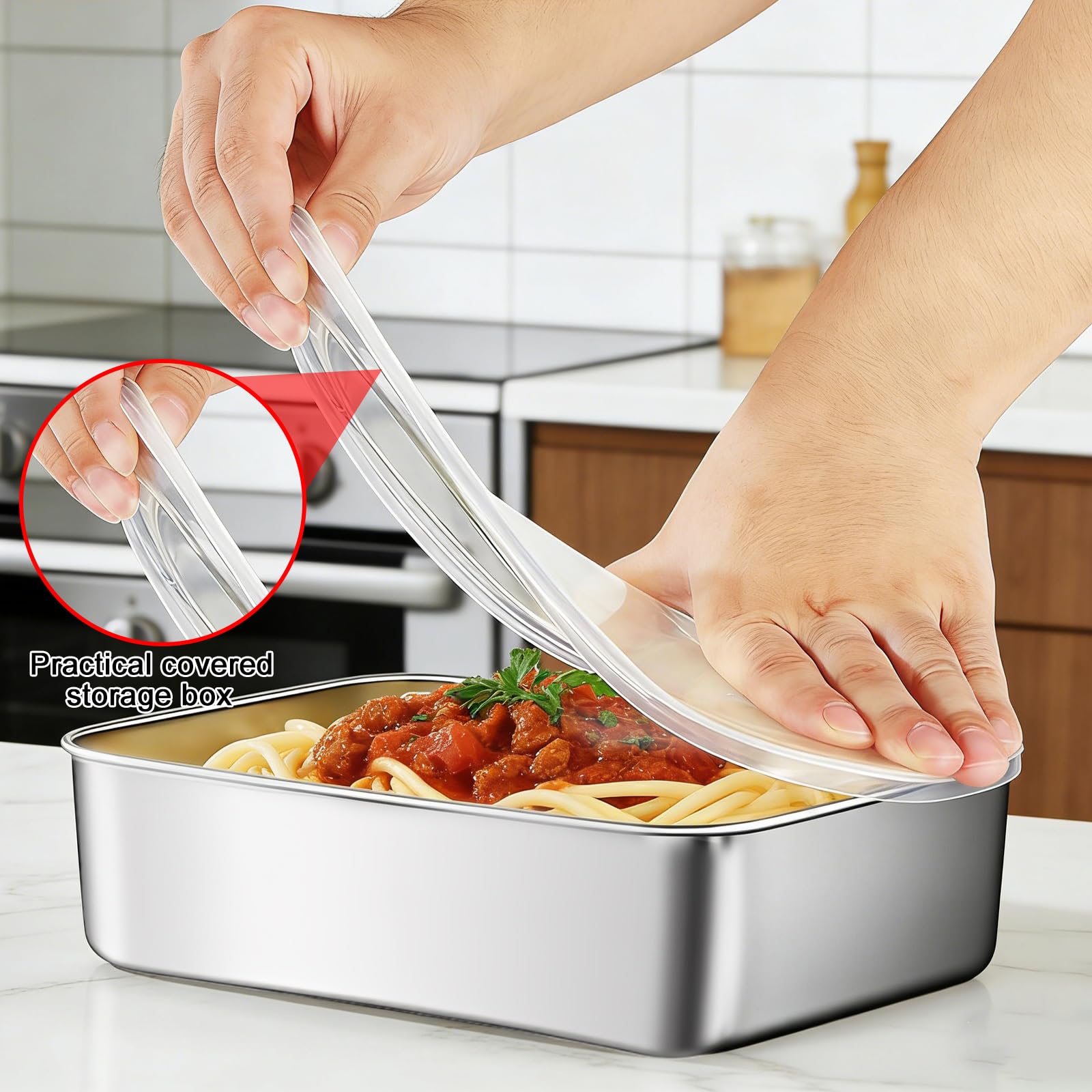 Barattolo in acciaio inox da 1100 ml: 6 contenitori per alimenti con coperchio, design monopezzo, contenitore per alimenti con coperchio trasparente, per cucina e magazzino, 18 × 13 × 6 cm