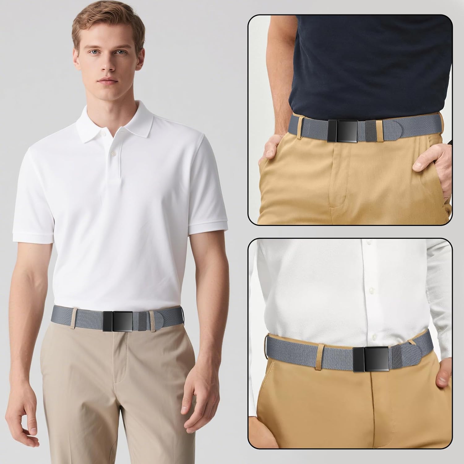 SANSTHS Mens Belt 1.5", Casual Web Golf Ratchet Belts for Men, Stretch Nylon Work Belts with Flip Top Buckle, Black Grey - Image 6