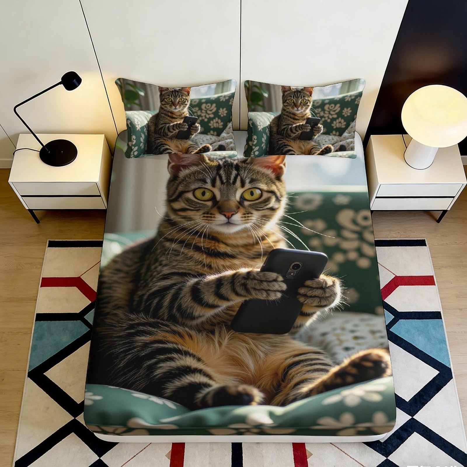 3D Printed Cat with Smartphone Fitted Sheet Microfiber Soft Breathable Tabby Pattern Mattress Cover for Bedroom Decor 90x200x25cm